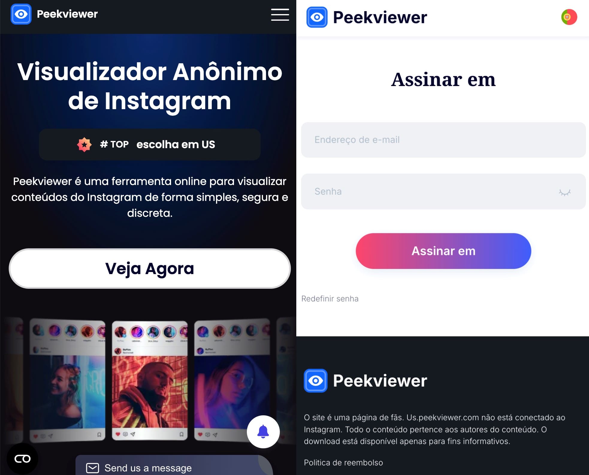Visualização da página inicial do Peekviewer com o botão Assista agora e a página de registro com o botão Inscreva-se.