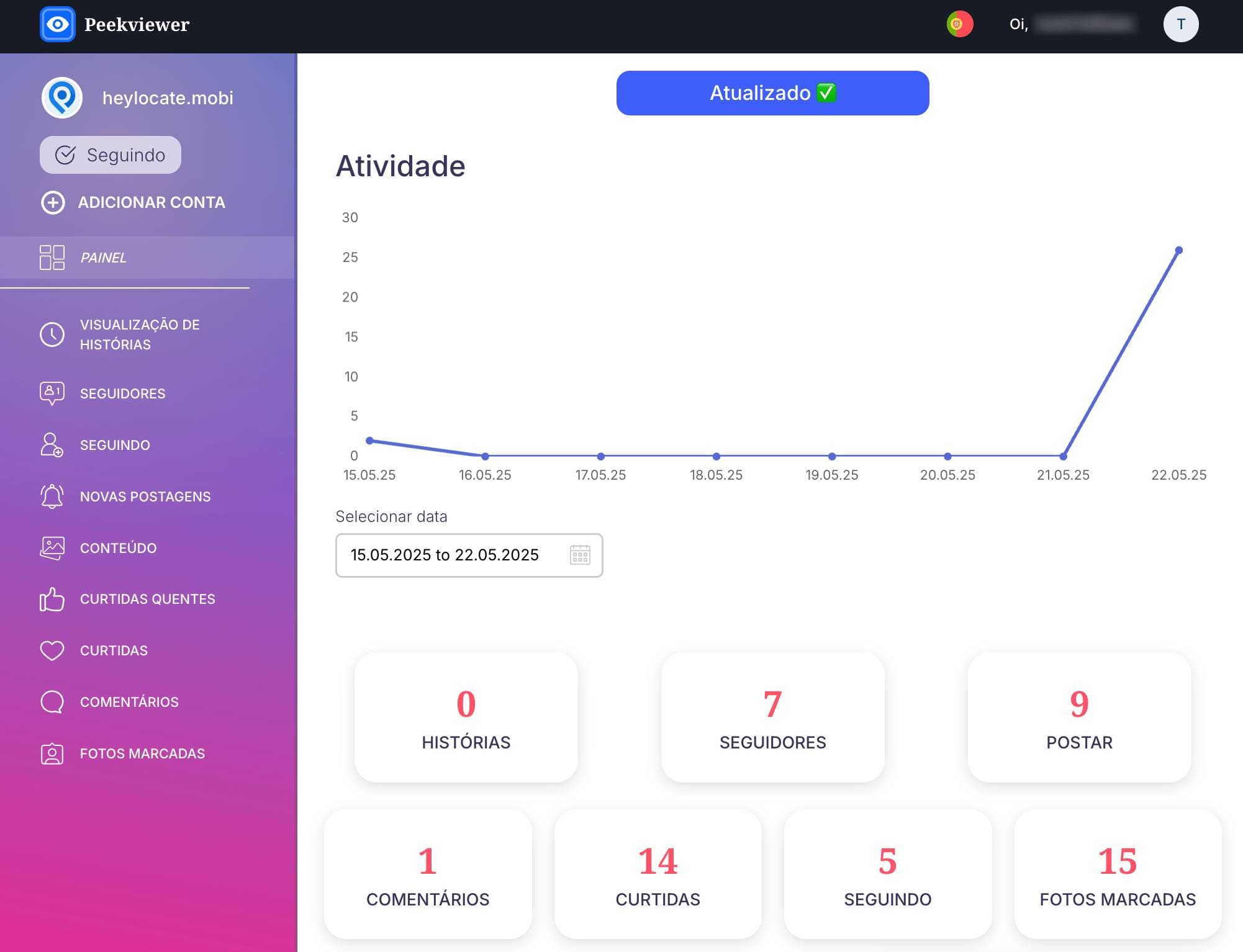 Painel de análise do Peekviewer mostrando dados de atividade com estatísticas do usuário, incluindo seguidores, curtidas, publicações e fotos marcadas.