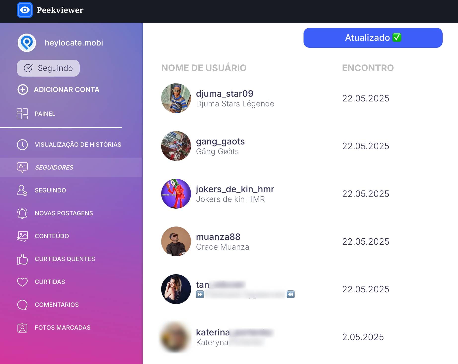 Peekviewer mostrando a lista de seguidores de uma conta do Instagram.