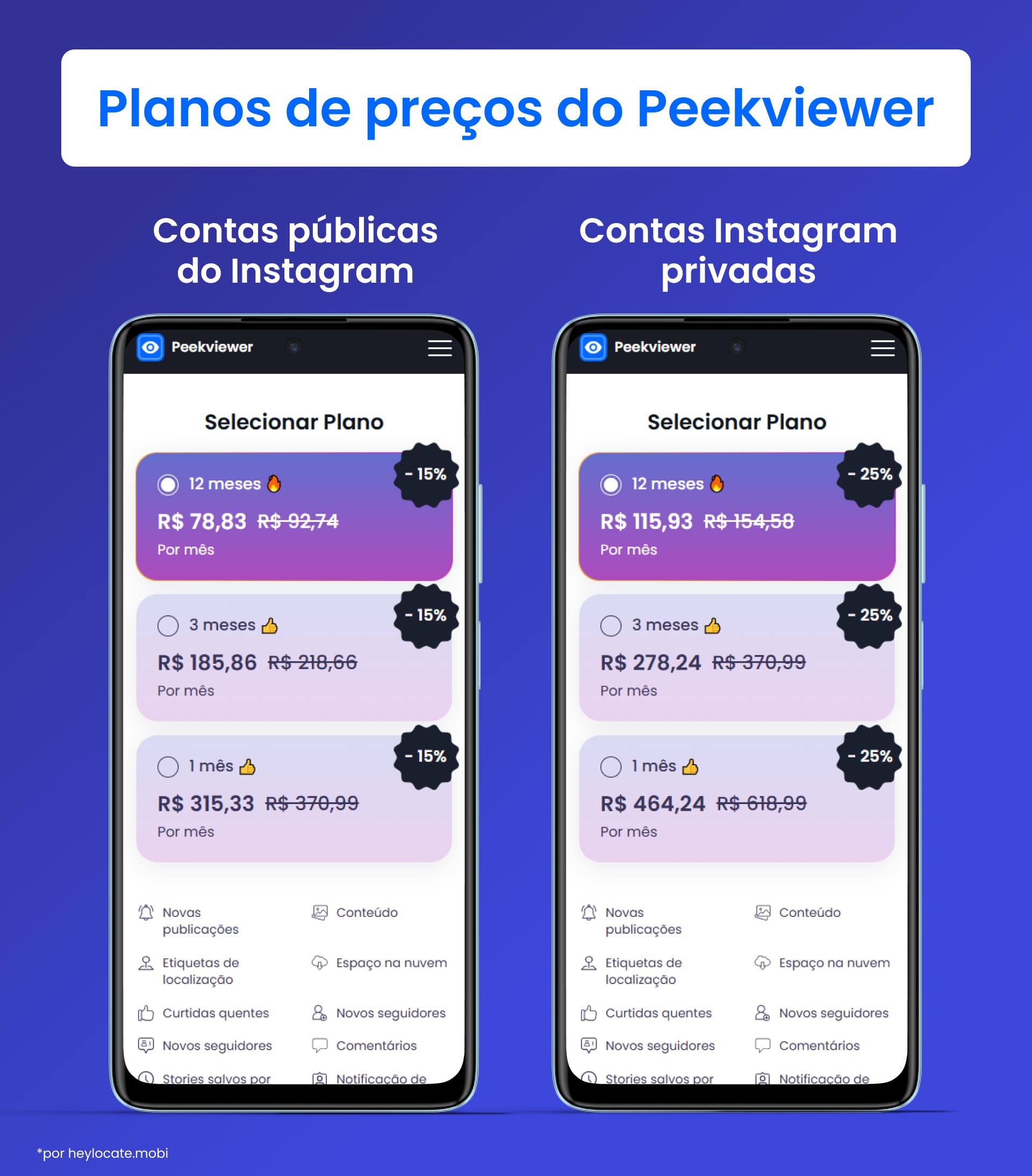 Comparação dos preços de assinatura mensal para visualizar contas abertas e fechadas do Instagram usando o serviço do Peekviewer, mostrando opções de planos com desconto de 1 mês, 3 meses e 12 meses.