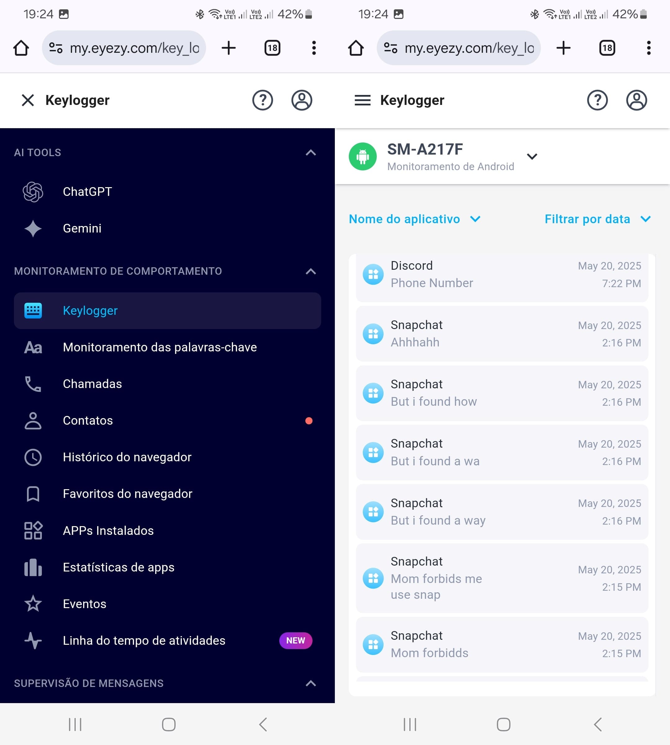 Eyezy keylogger com palavras rastreadas no Snapchat.