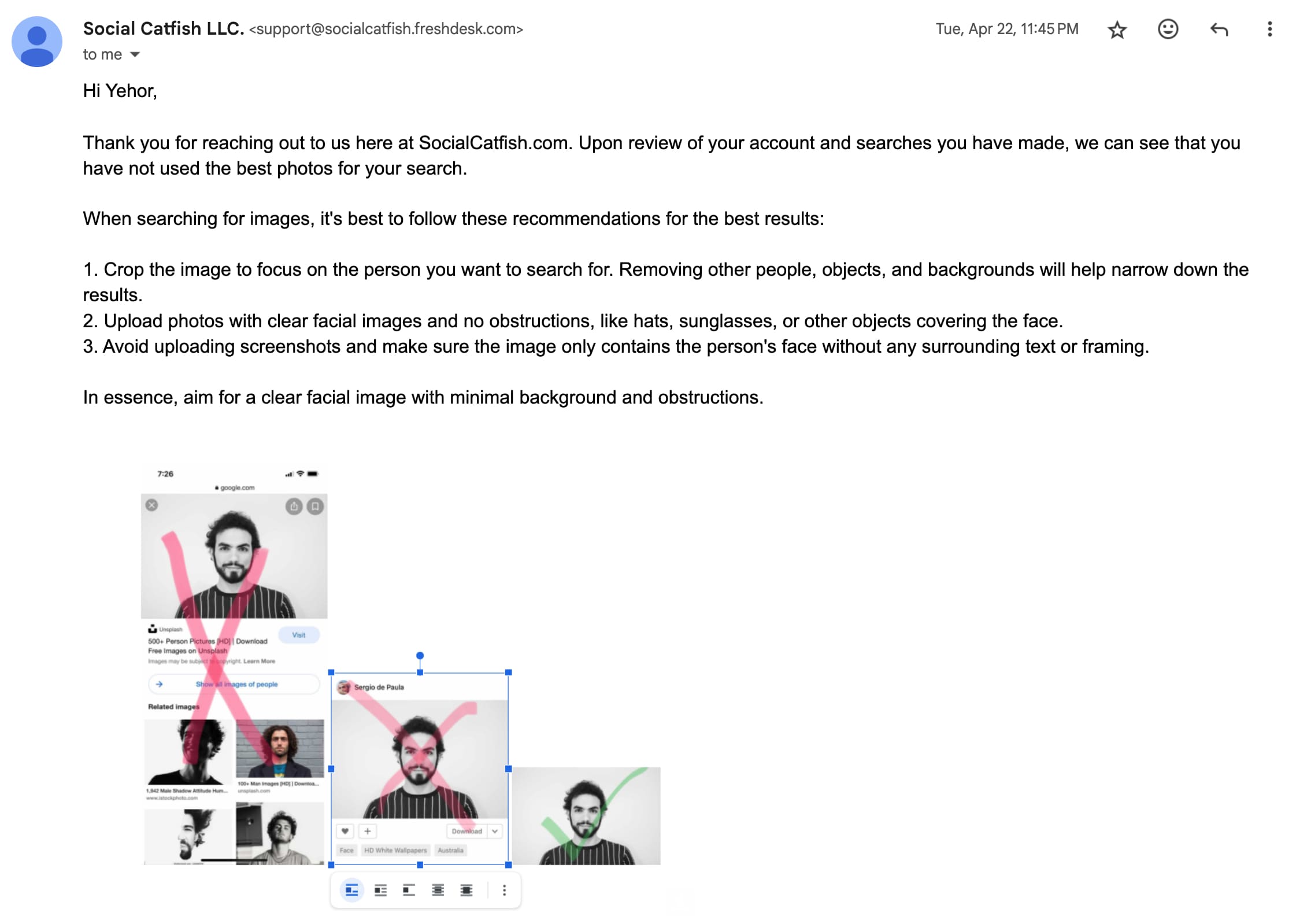 Uma resposta do Social Catfish sobre o upload de imagens para obter melhores resultados.