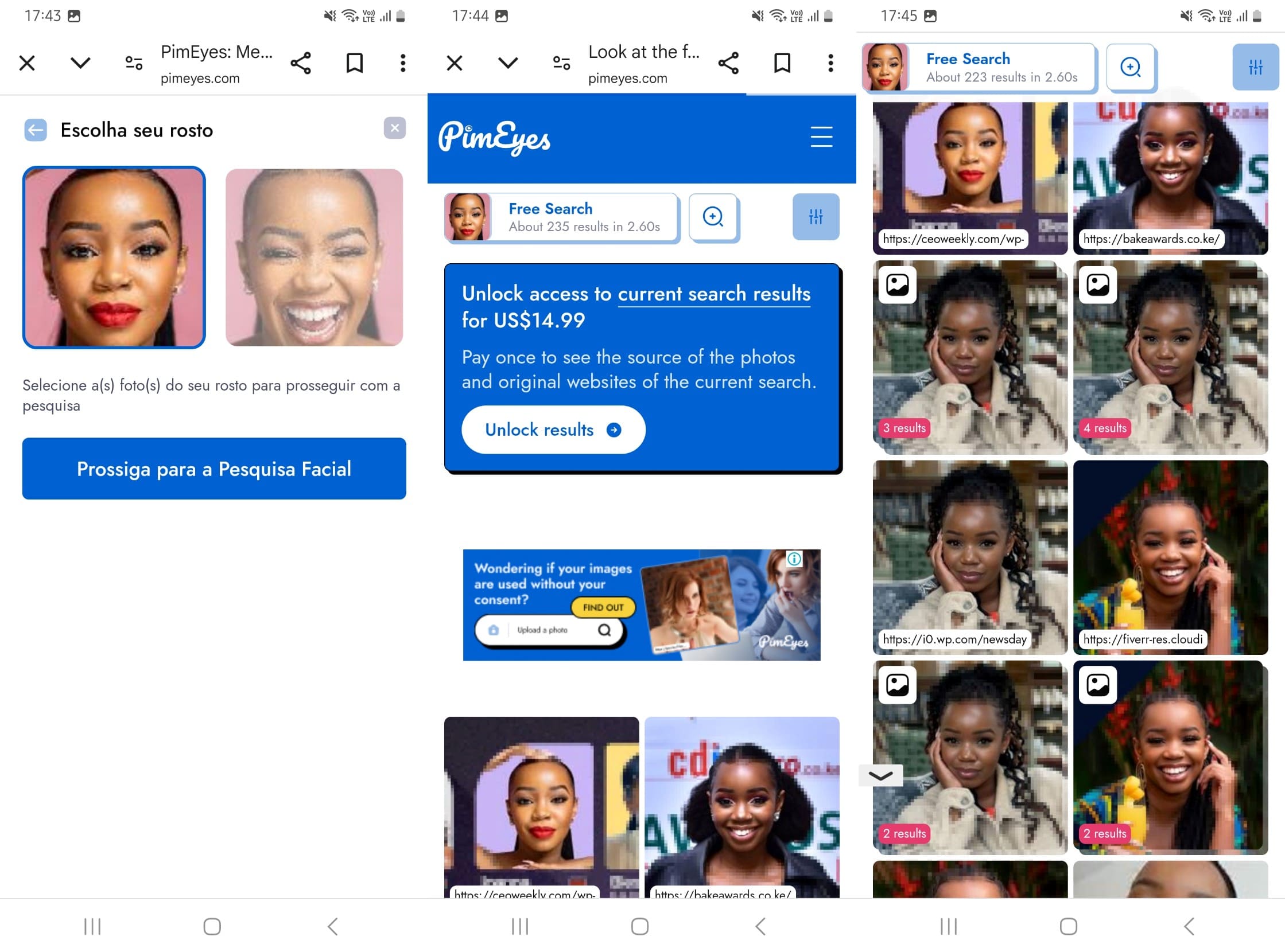 Resultados da busca reversa de imagens do PimEyes com uma correspondência facial exata.