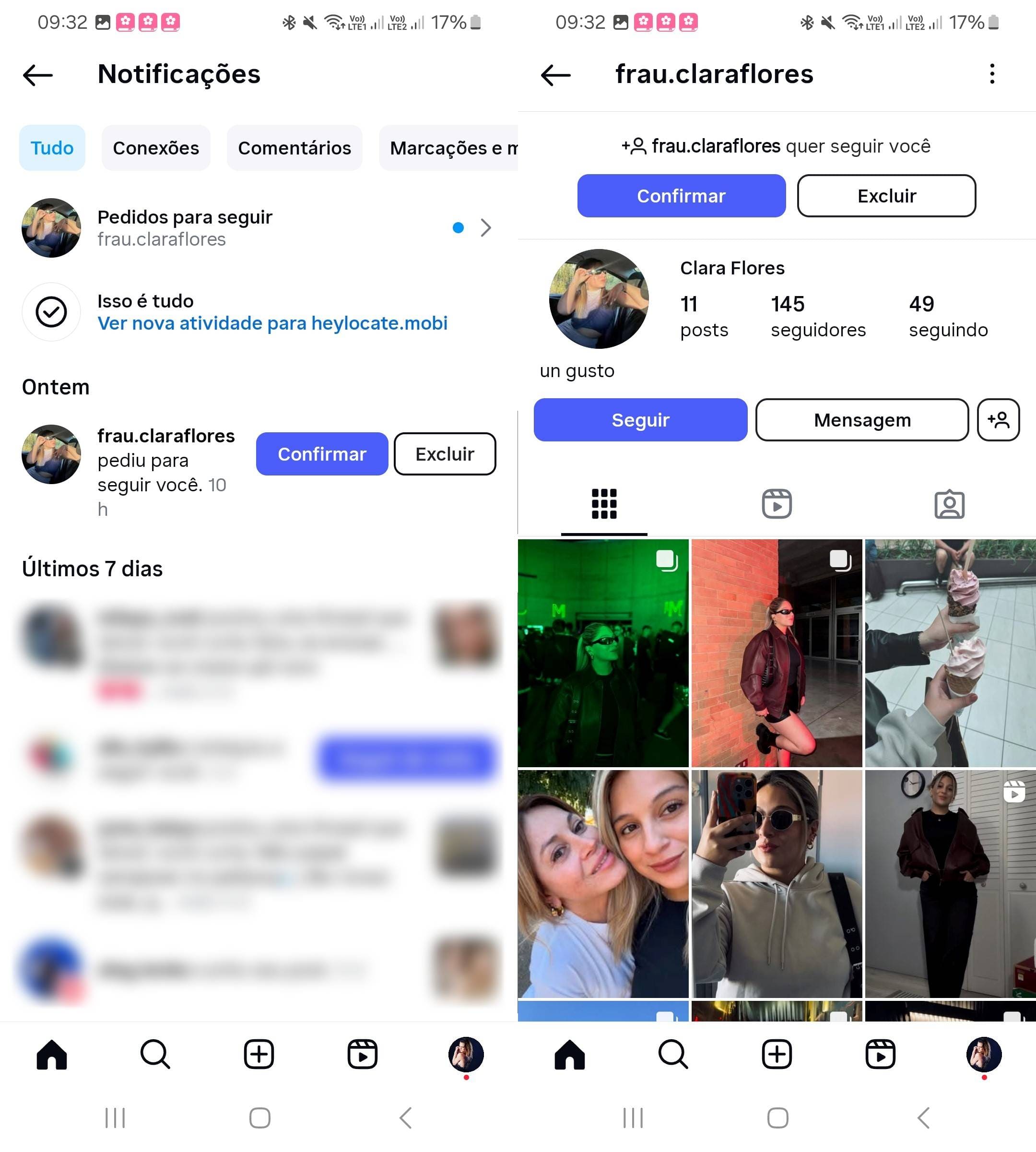 Uma solicitação de um novo seguidor na conta privada do Instagram.