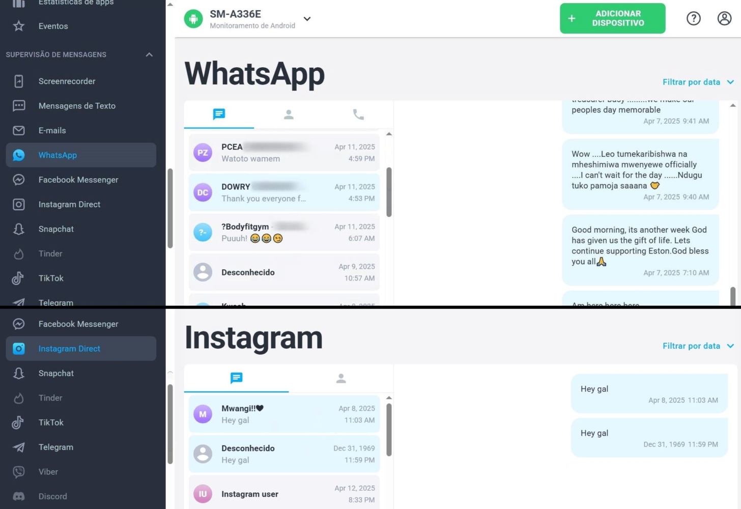 Mensagens rastreadas no WhatsApp e Instagram usando o MSPY.