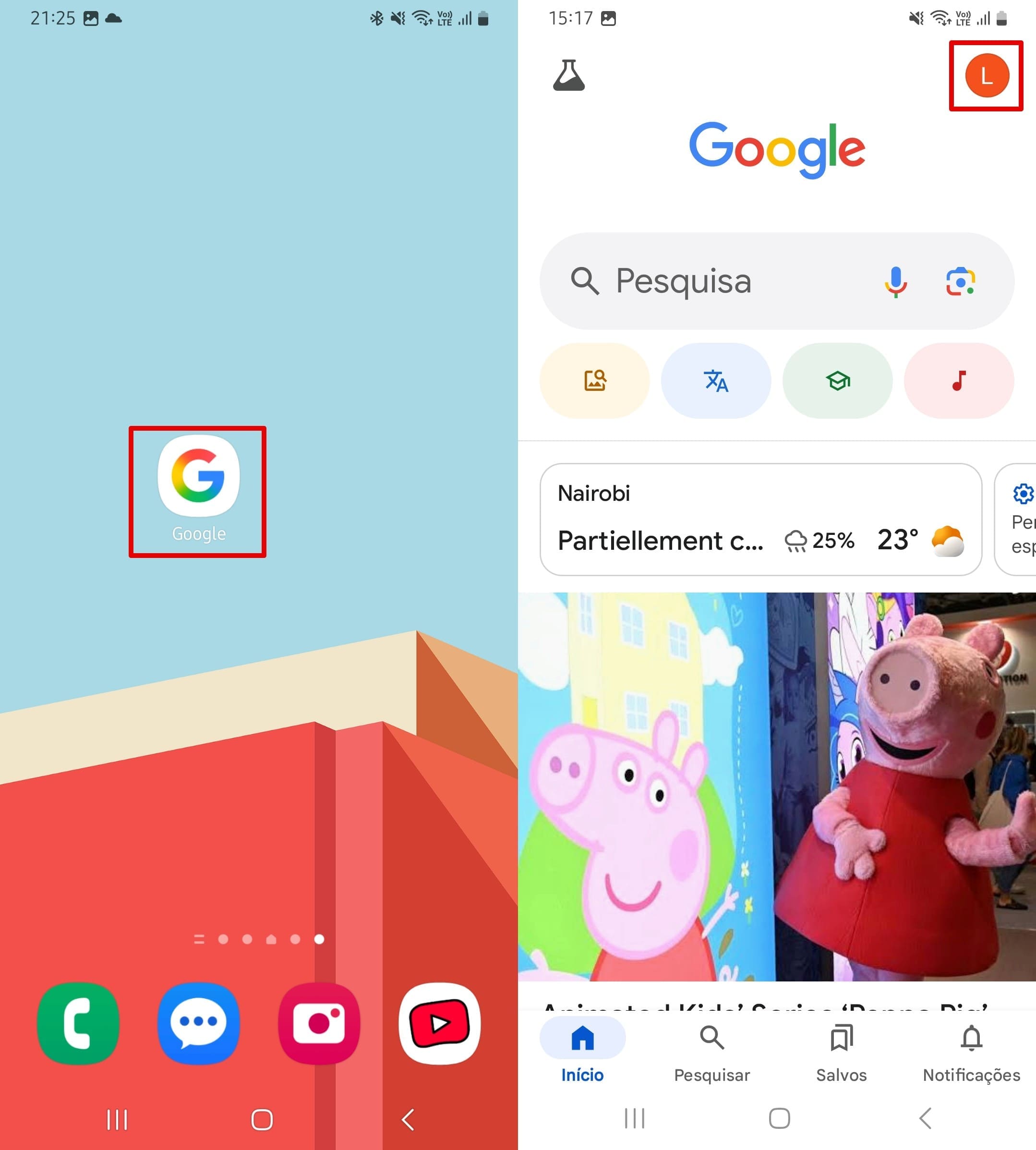 Aplicativo do Google aberto exibindo a página inicial.