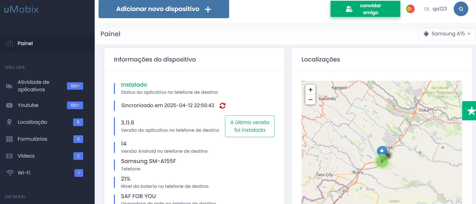 Painel do uMobix mostrando informações do dispositivo, locais rastreados e dados monitorados não lidos.