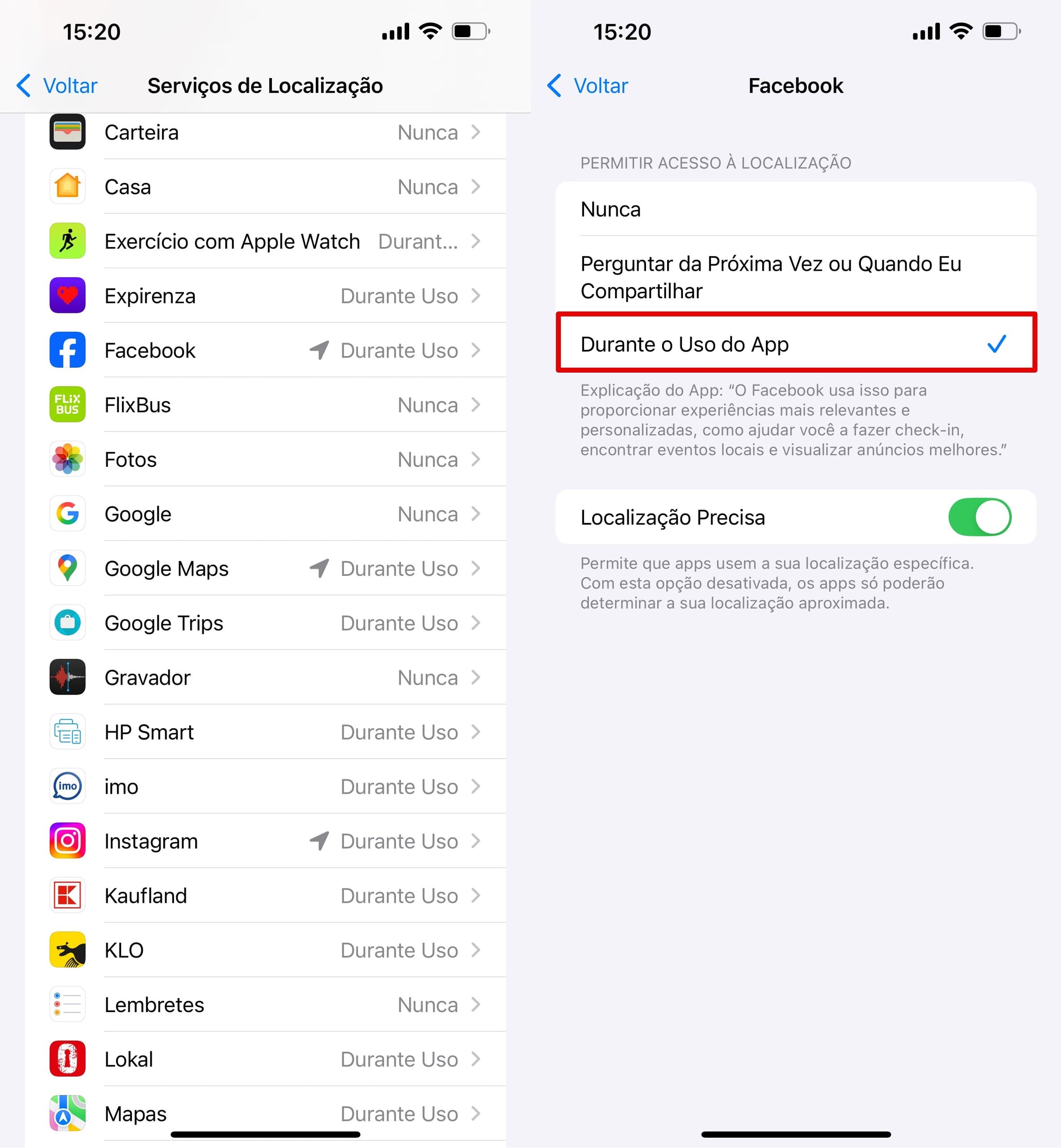 Selecione o aplicativo do Facebook e a permissão necessária.