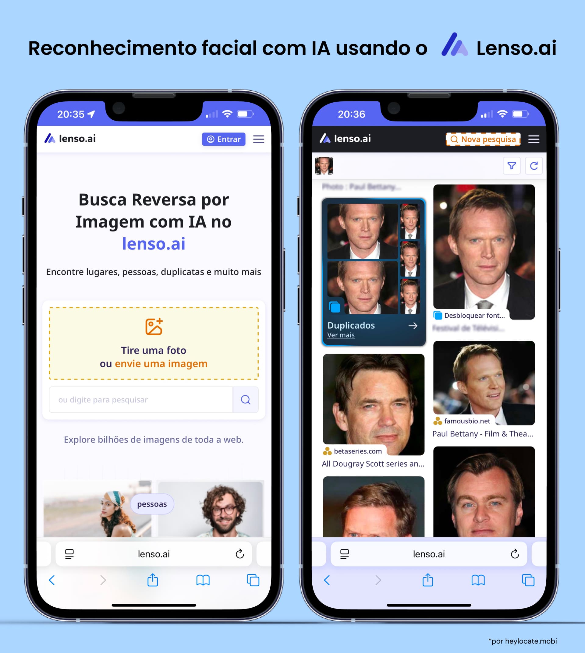 Upload de imagem e resultados de pesquisa no Lenso.ai.