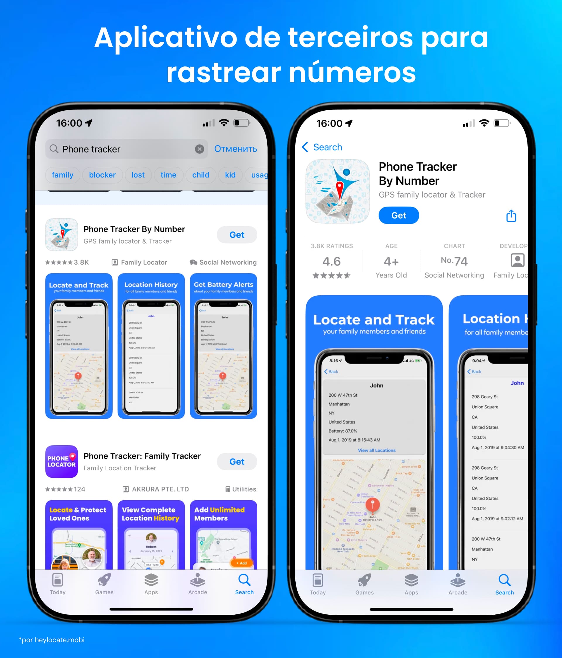 Screenshot da interface do app "GPS Rastreador de celular" na App Store, mostrando resultados de busca e detalhes do app.