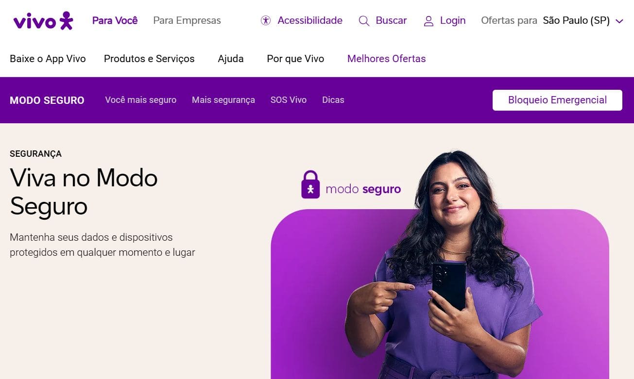 Vista da página inicial do serviço Vivo Secure Mode