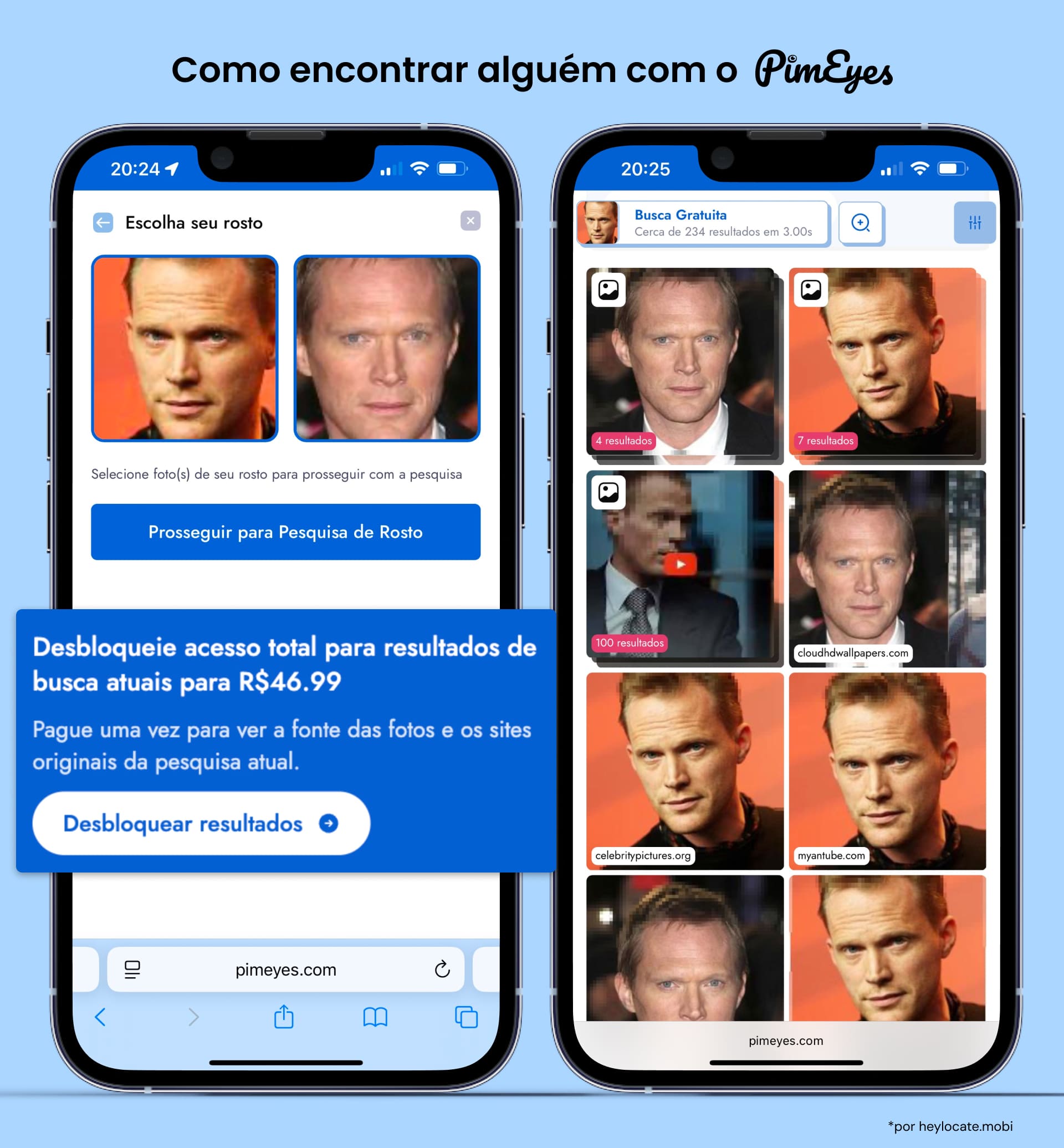 O PimEyes mostra o upload de foto para reconhecimento facial e resultados da pesquisa, além de uma mensagem sobre assinatura paga para visualizar perfis.