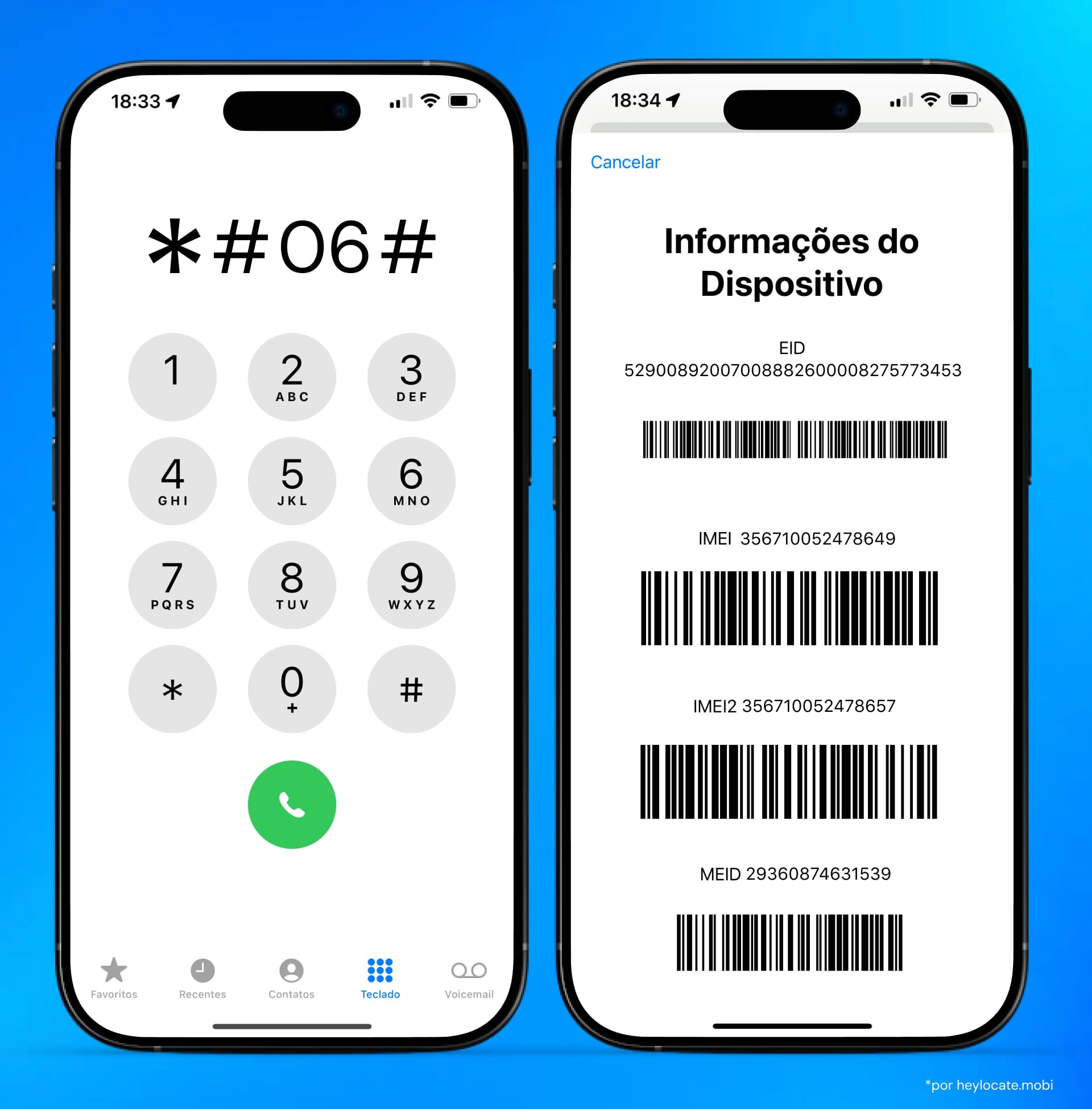 Exibindo o código #06# e informações de IMEI, IMEI2, MEID e EID com códigos de barras.