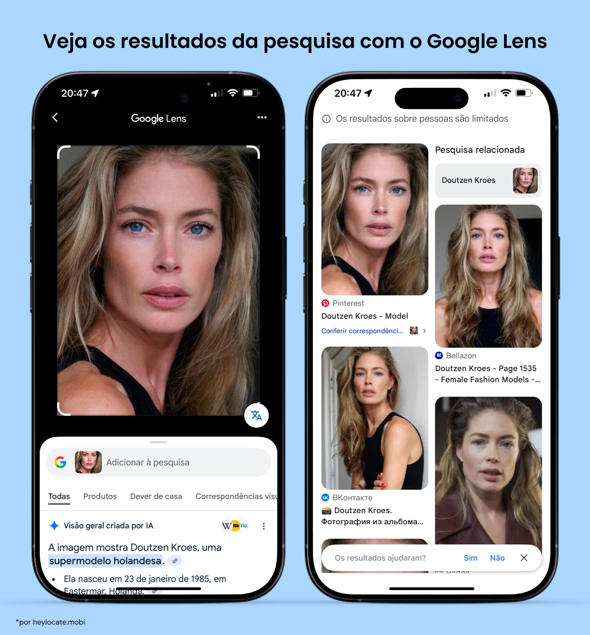 Exibição dos resultados de pesquisa do Google Lens baseados em fotos enviadas, com links correspondentes para imagens de vários sites.