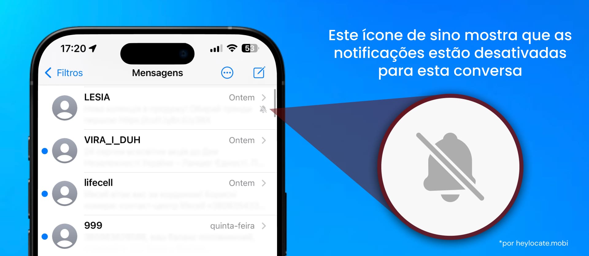 Capturas de tela do app de mensagens com uma conversa silenciada.