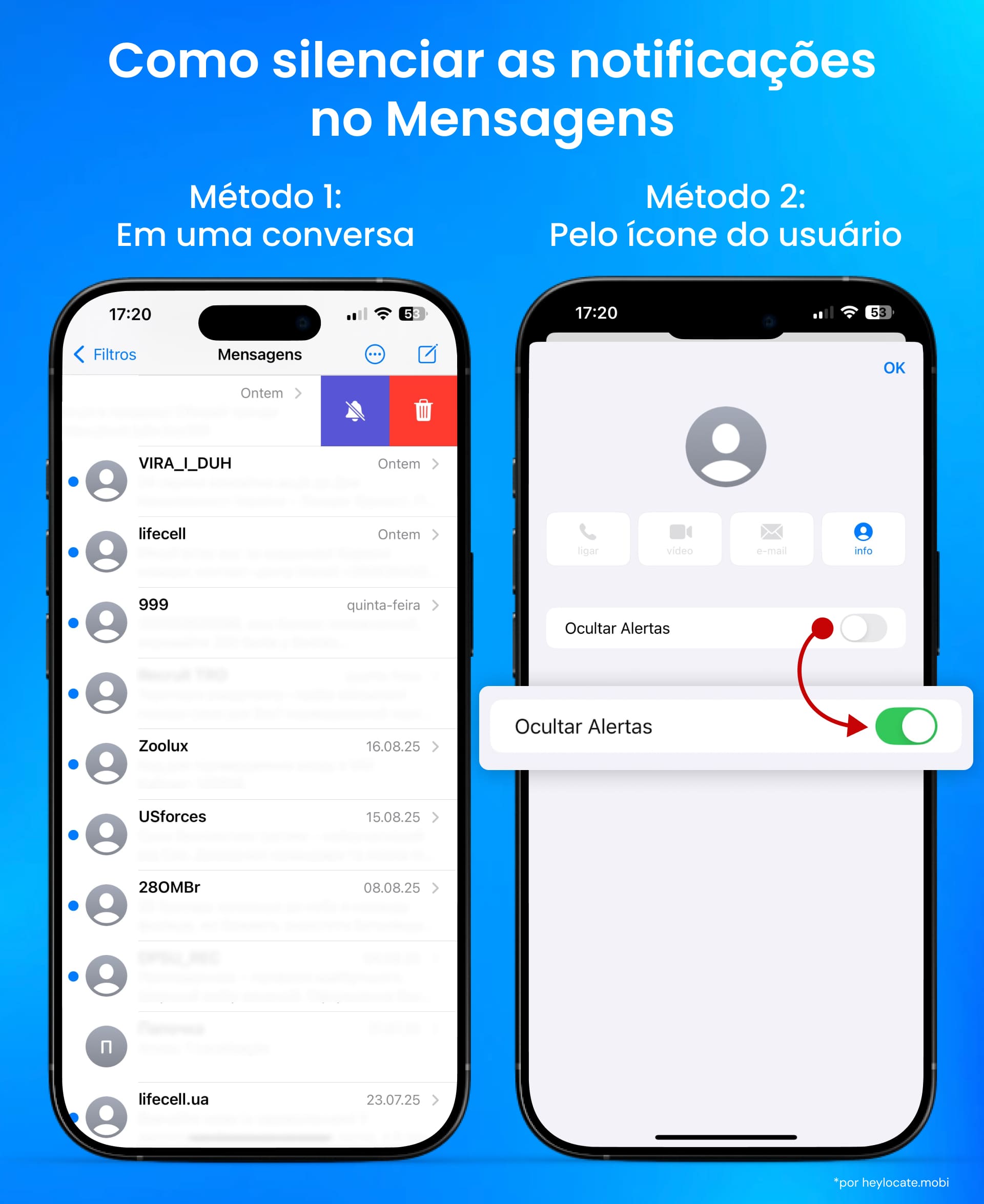 Habilitando o modo de ocultar notificações via chat e contato.