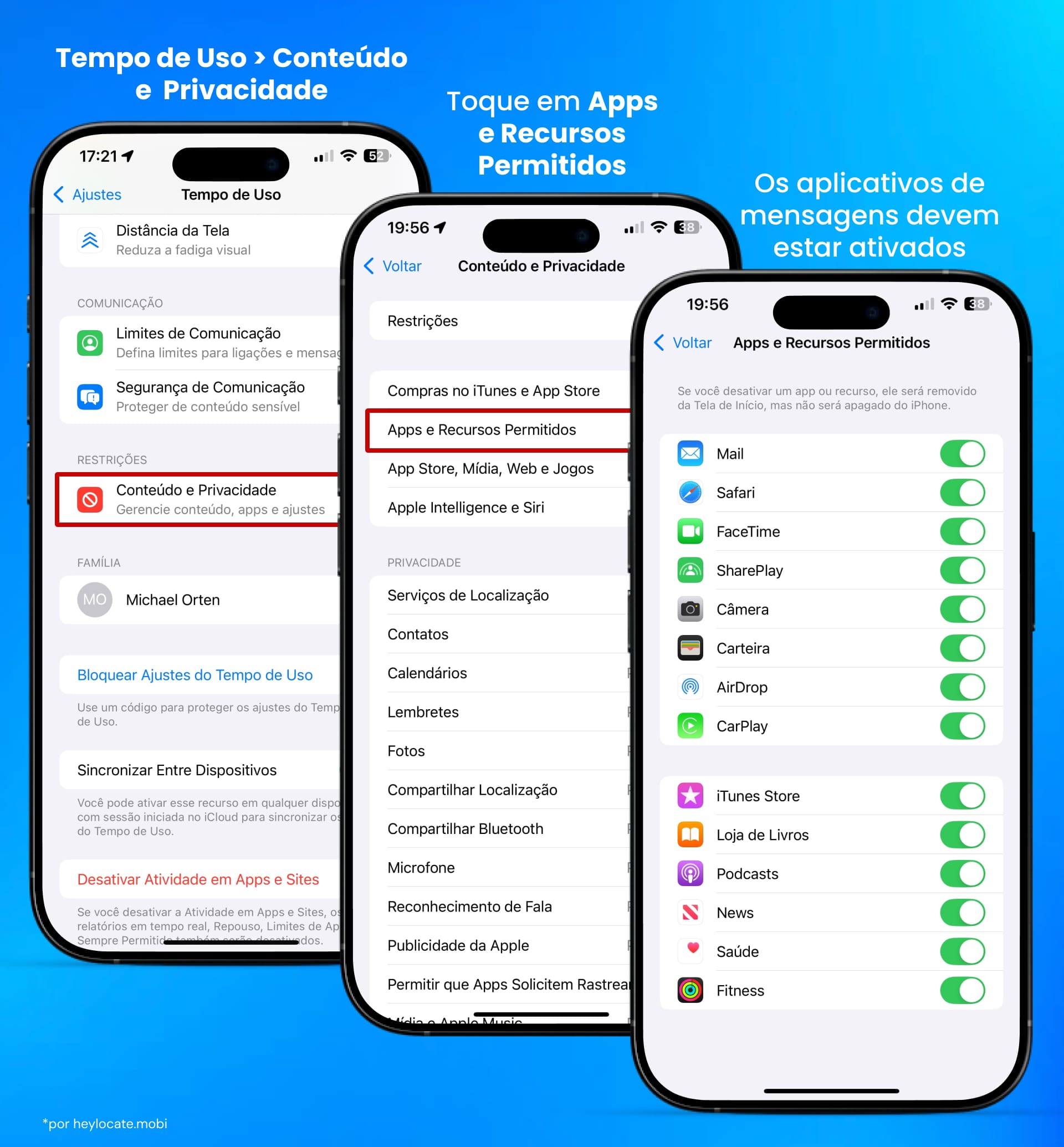 Na aba Restrições de Conteúdo e Privacidade, defina as permissões necessárias para aplicativos.