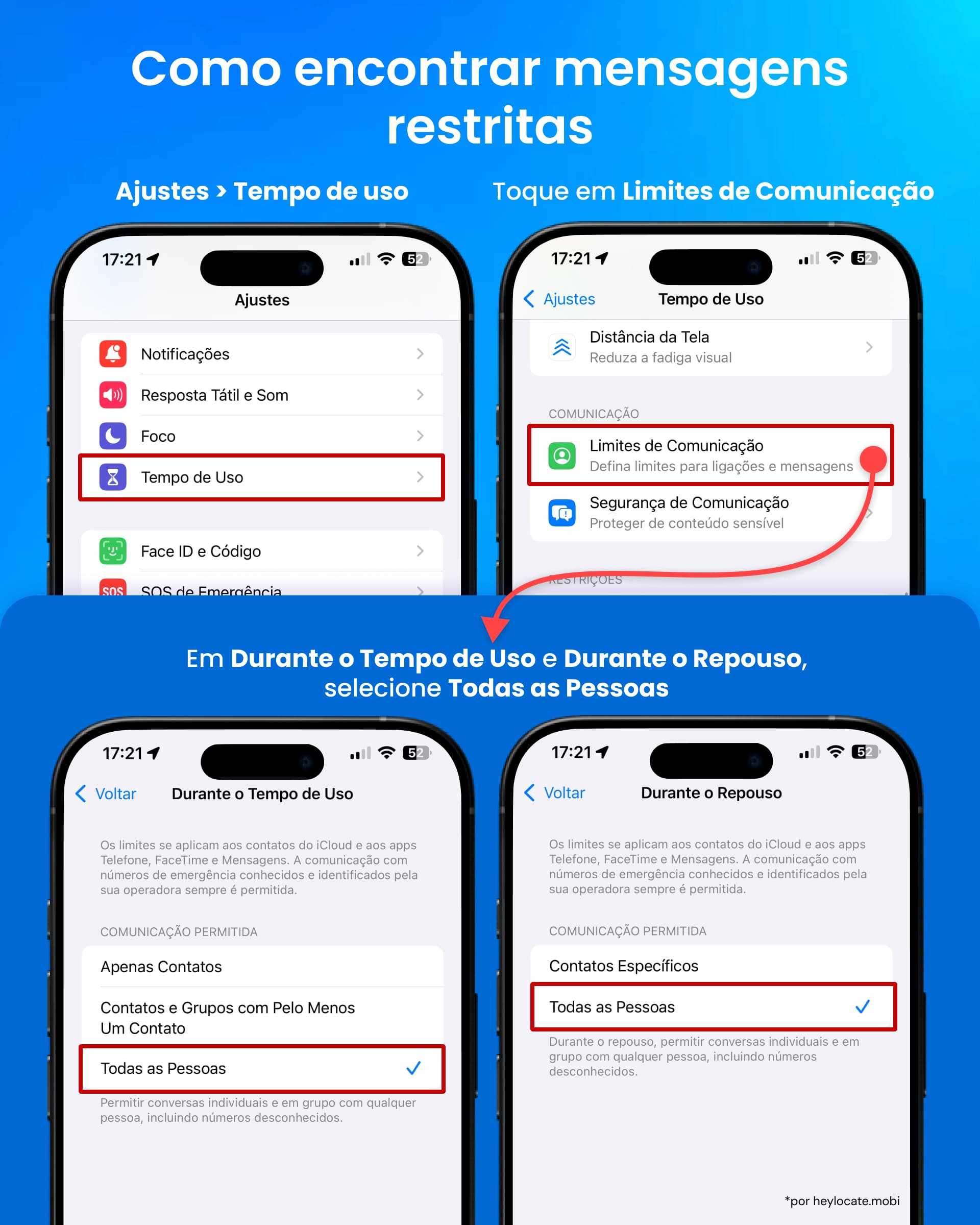 Verificando seus contatos restritos nas configurações do Tempo de Tela.