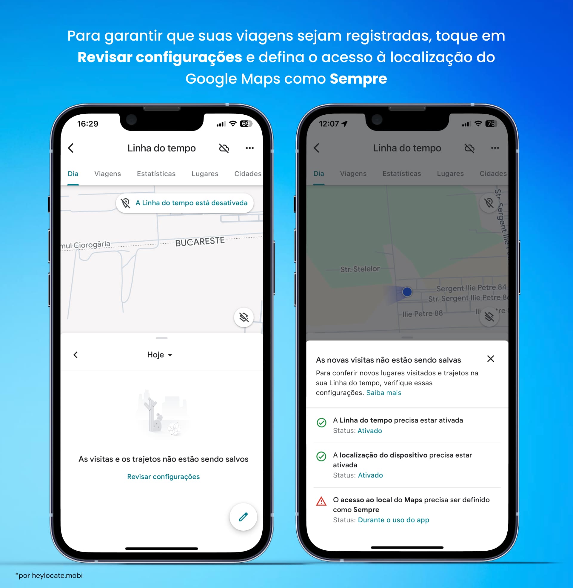 Configurações da linha do tempo do Maps, com permissões de localização.