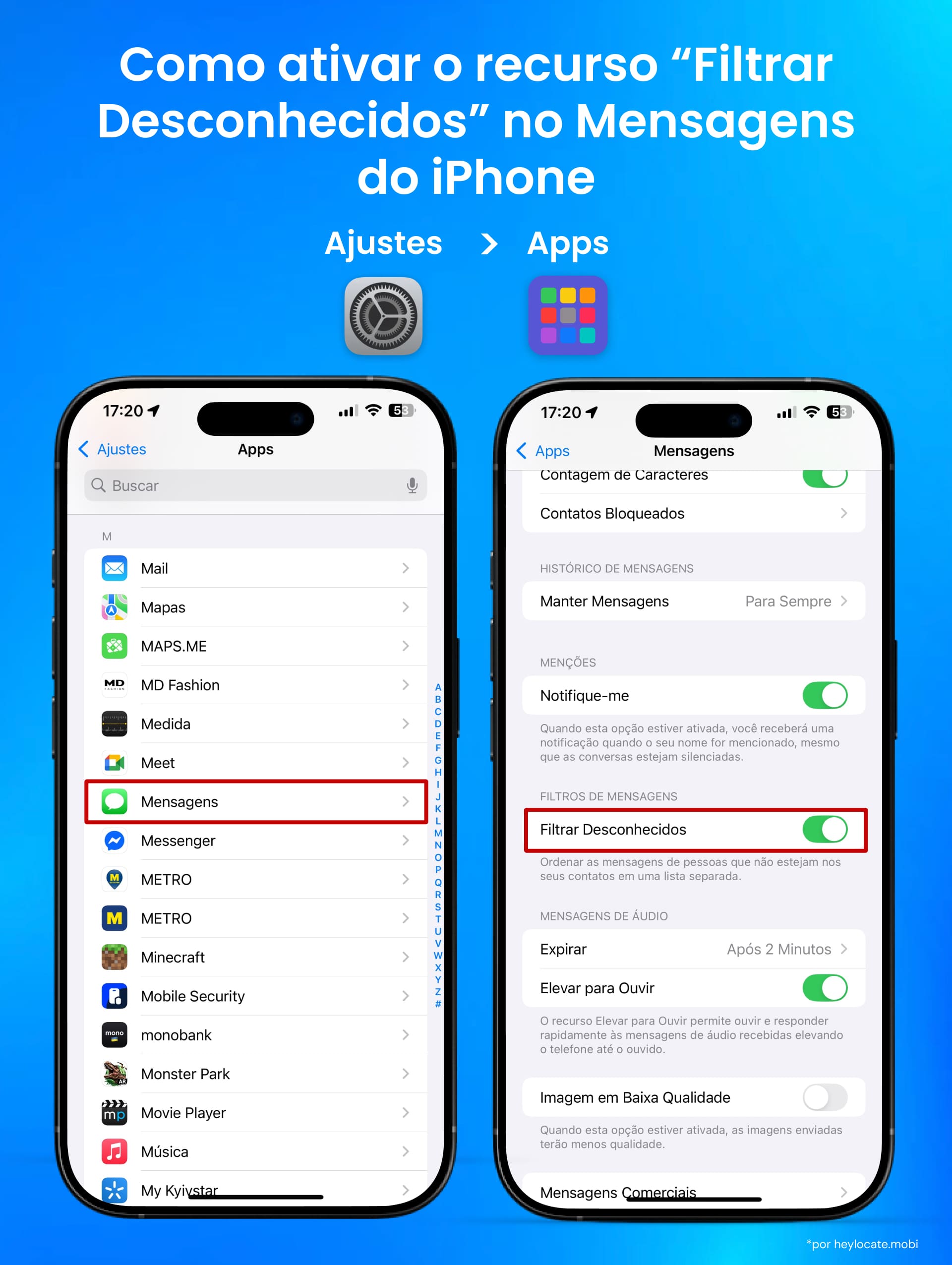 Através das configurações, você precisa ir para aplicativos (Mensagens) e habilitar Filtrar Remetentes Desconhecidos.