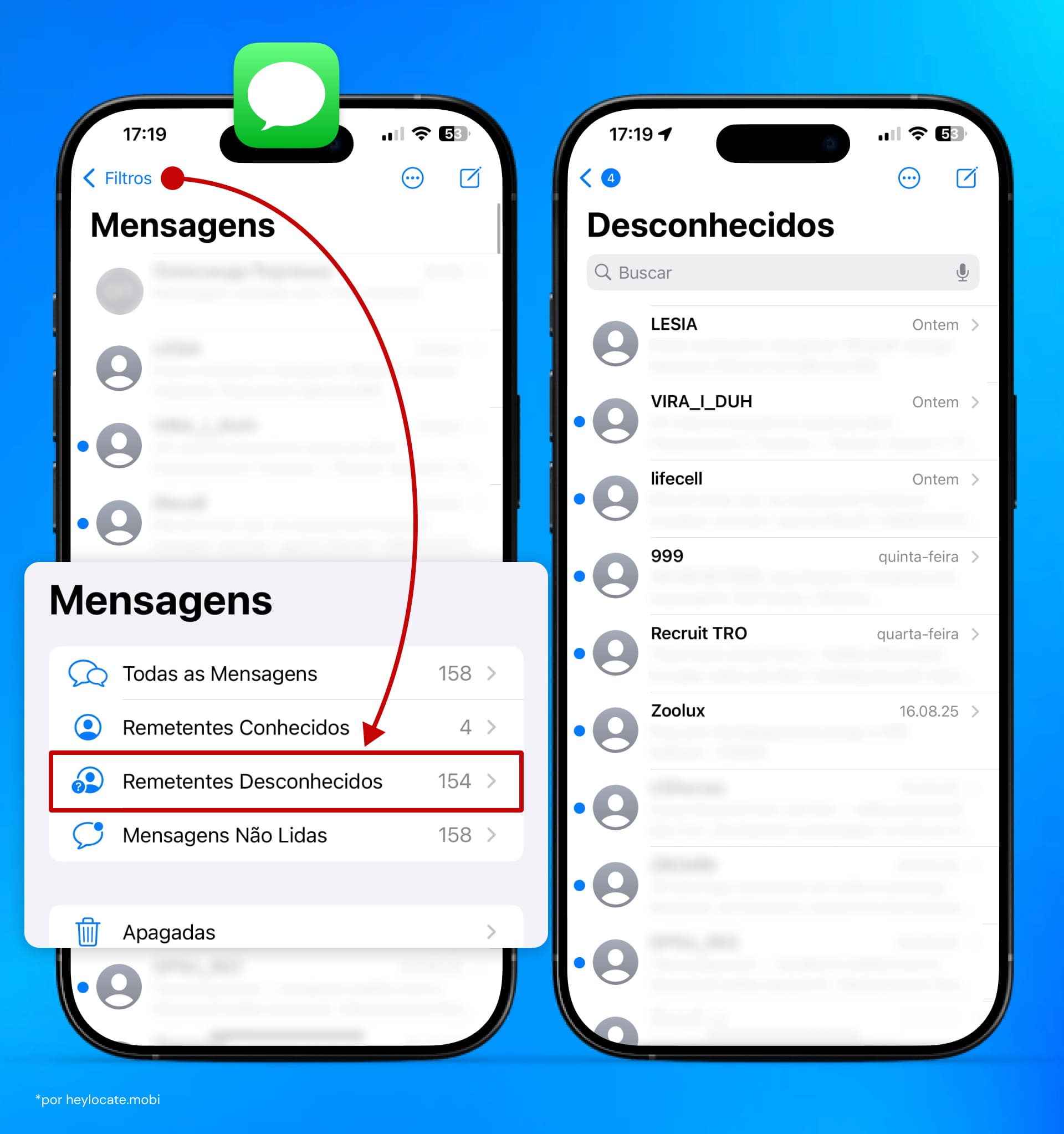 Capturas de tela do app de mensagens e seus filtros ocultos (Remetentes Desconhecidos).