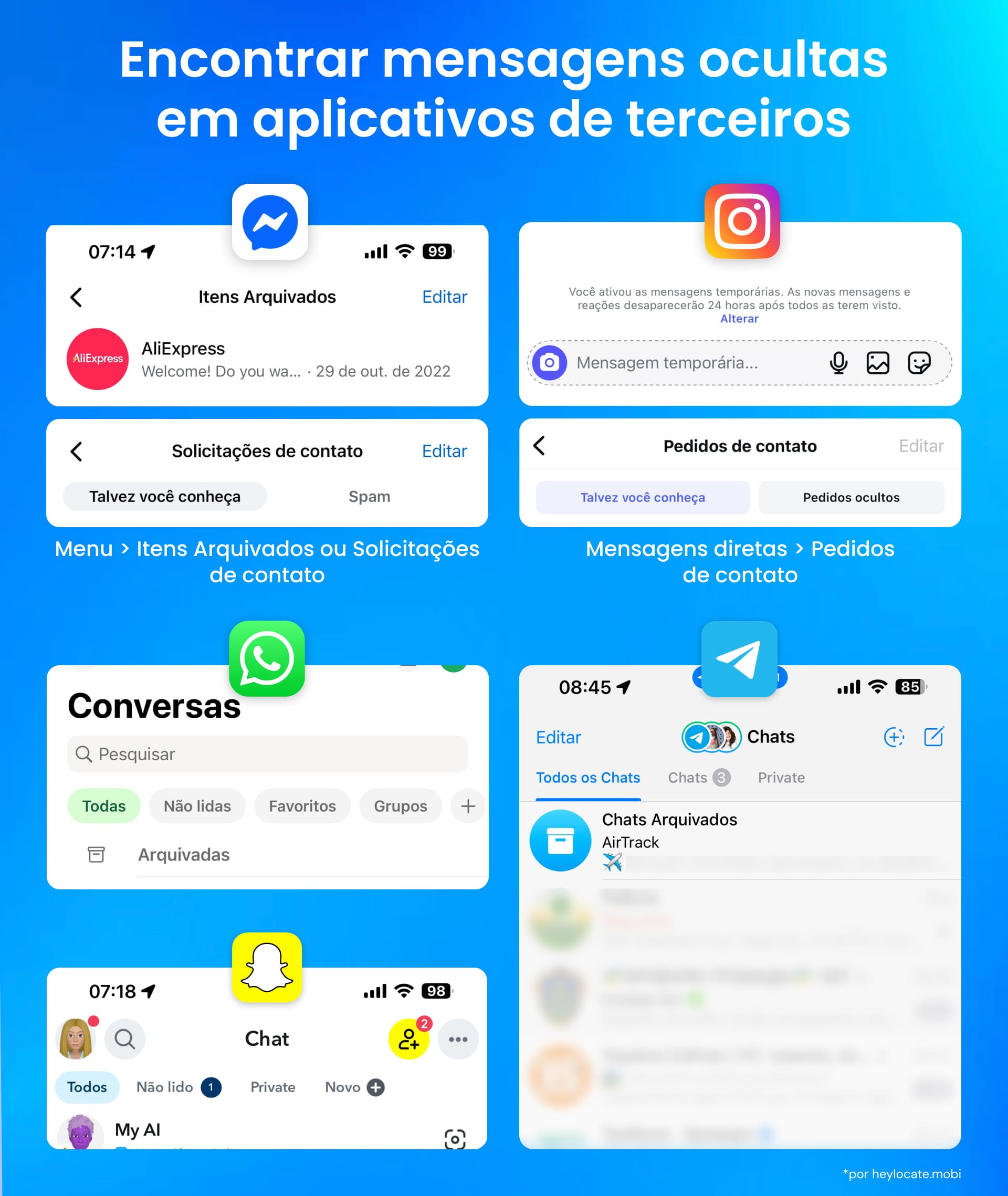 Mensagens ou conversas ocultas podem estar em arquivos, solicitações, pastas, atalhos.