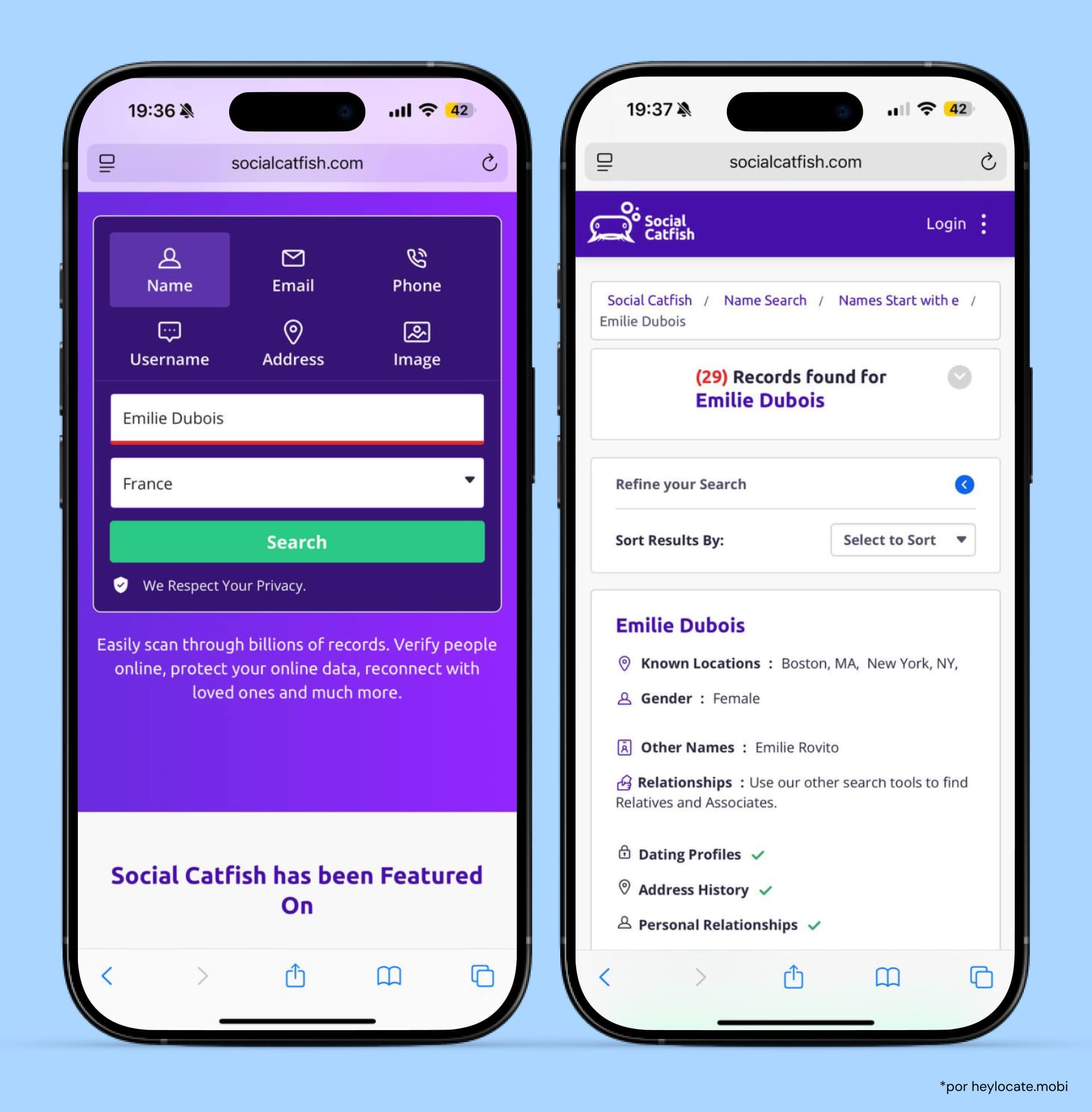 Digite o nome de uma pessoa no campo de pesquisa do Social Catfish e verifique os resultados: localizações, outros nomes e gênero.
