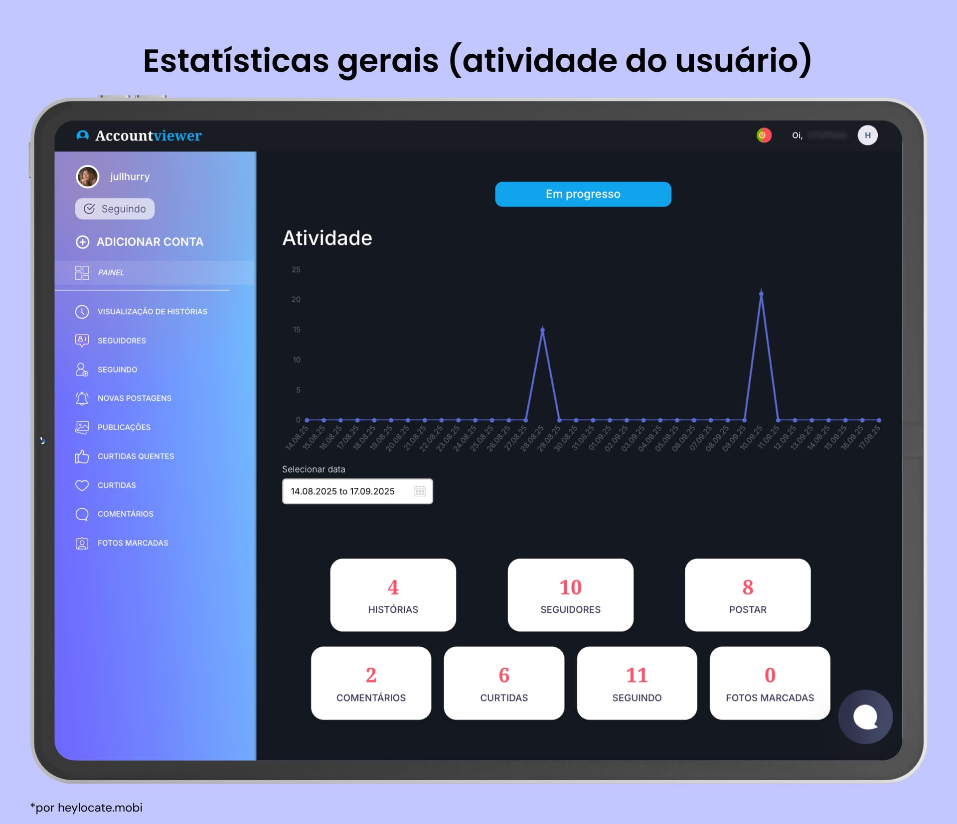 Painel mostrando dados de atividade com estatísticas do usuário incluindo seguidores, curtidas, posts, fotos marcadas, etc.