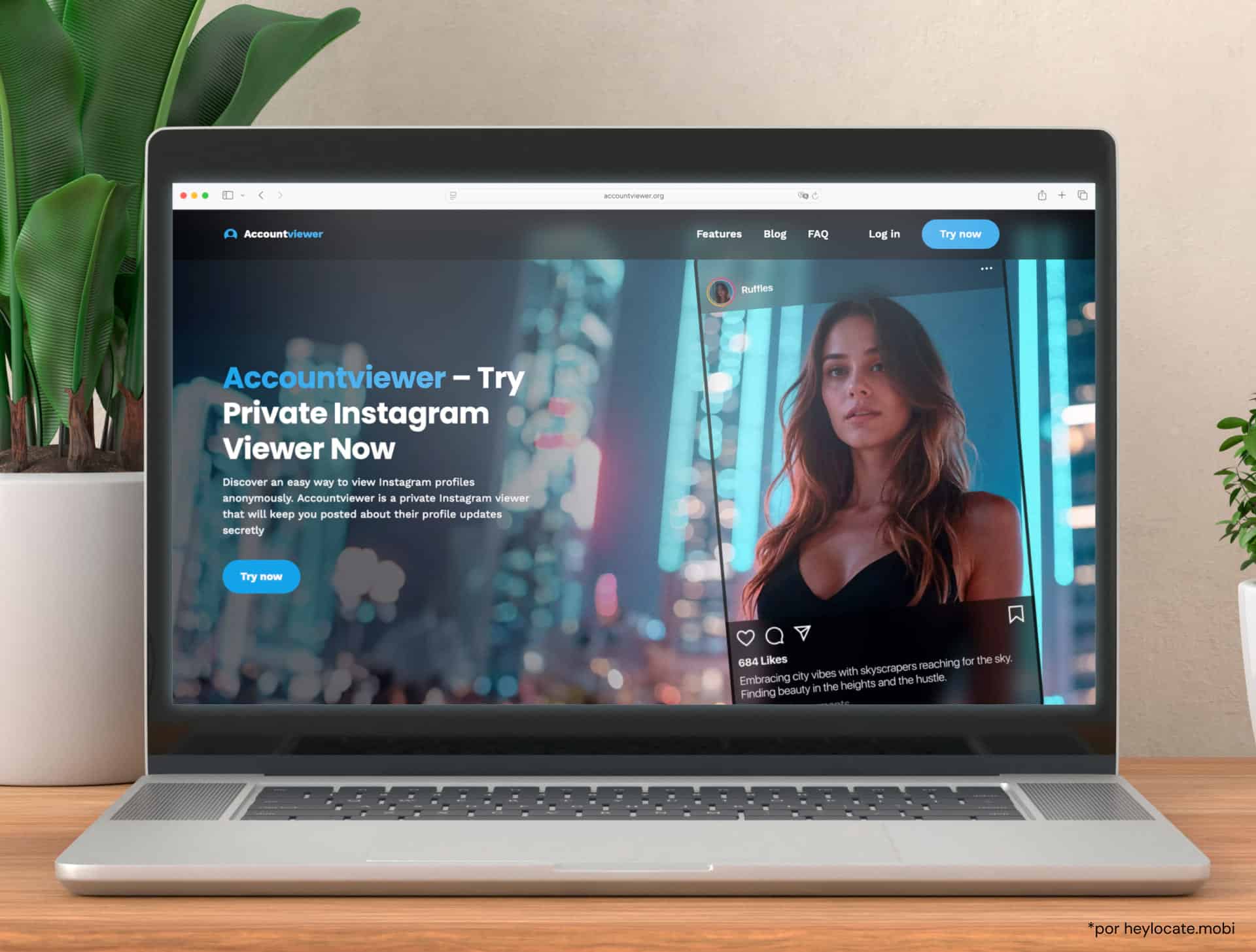 A página inicial do accountviewer com as palavras "Experimente o Visualizador de Instagram Privado Agora" na tela de um laptop.
