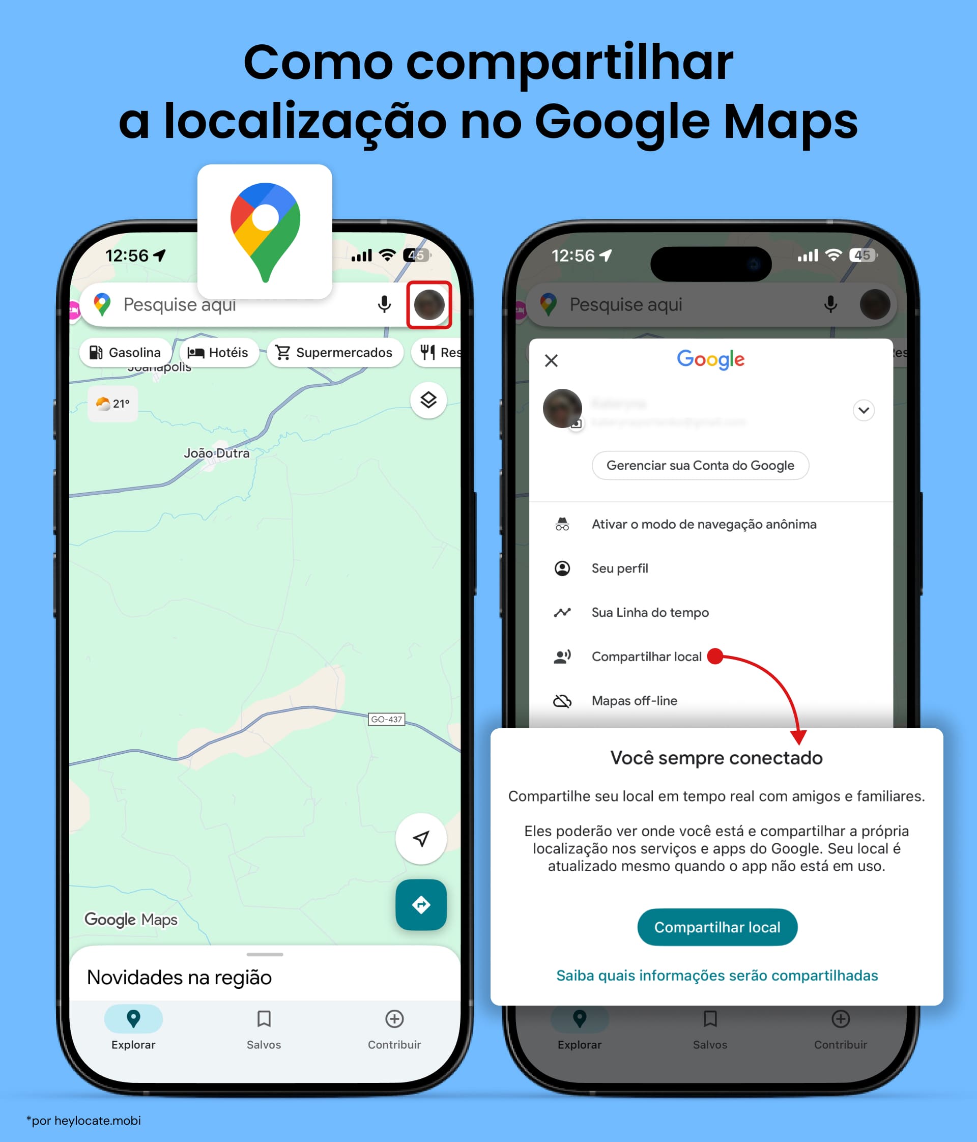 Abra Google Maps, toque no ícone do perfil e selecione Compartilhamento de localização.
