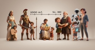 Ilustração mostrando a evolução da educação desde as civilizações antigas até a era digital moderna, com personagens representando diferentes períodos históricos.