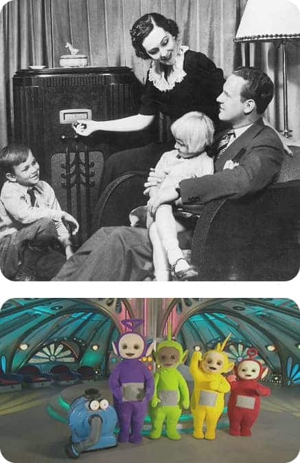 Colagem mostrando uma família ouvindo rádio em meados do século XX e os personagens Teletubbies, simbolizando o controle parental da era do rádio à TV.