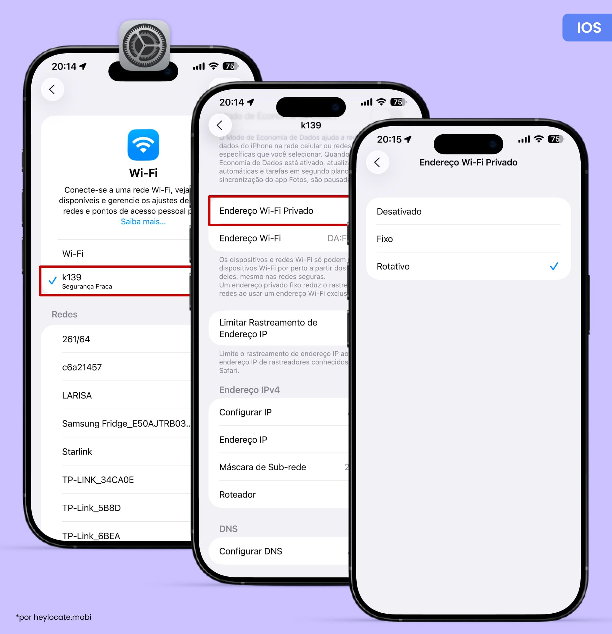 Configurando um endereço Wi-Fi privado no iPhone (Opções: Desativado, Fixo e Rotativo).