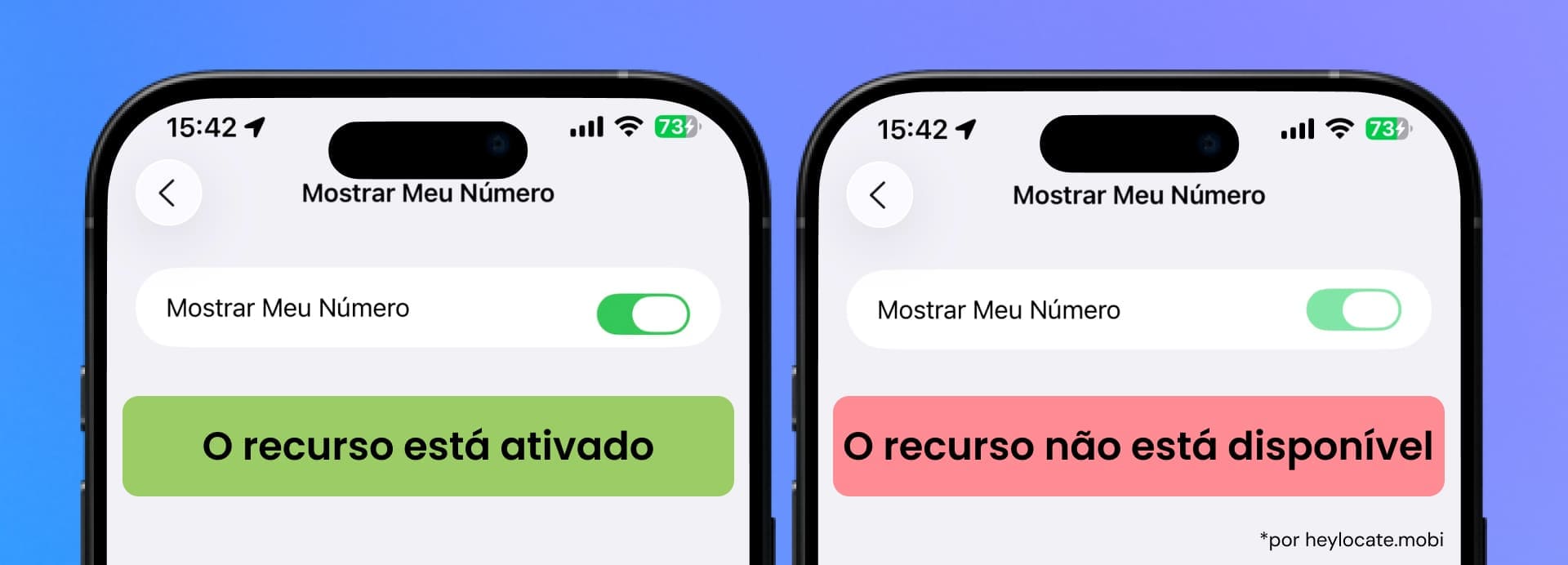A opção Mostrar Meu ID de Chamada está ativada em um iPhone e bloqueada em outro, impedindo ocultar.