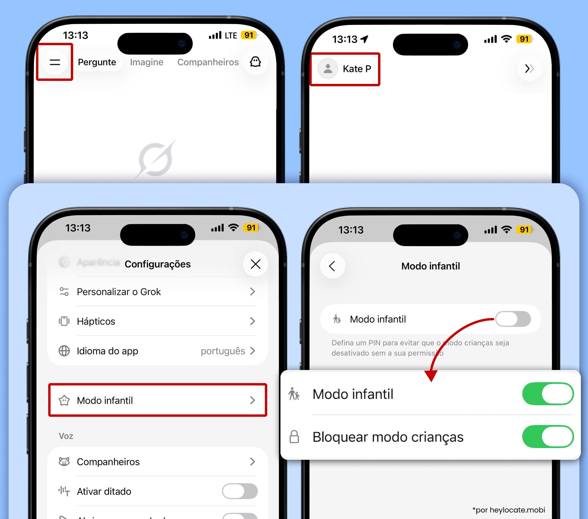Abra o menu no app Grok, vá em Configurações (Settings), selecione Modo Infantil (Kids Mode) e ative a chave.