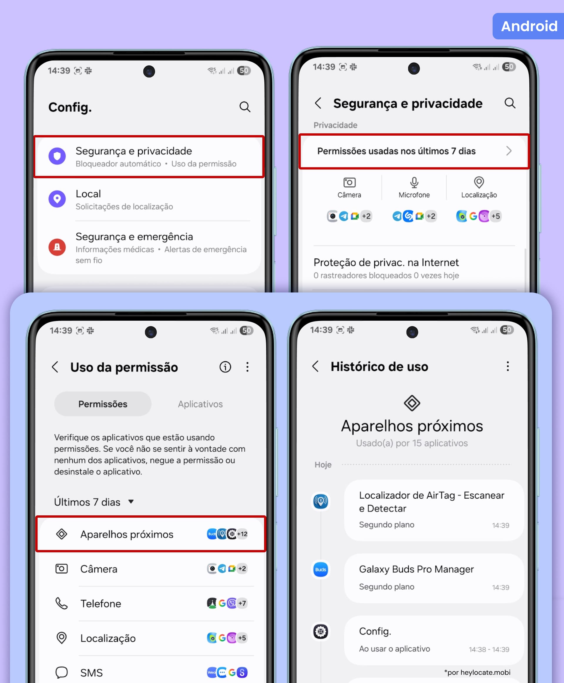 Abra as Configurações do Android – Segurança e Privacidade – Permissões na seção Privacidade, selecione Sensores Corporais, Atividade Física ou Dispositivos Próximos e negue acesso a apps que não precisam.