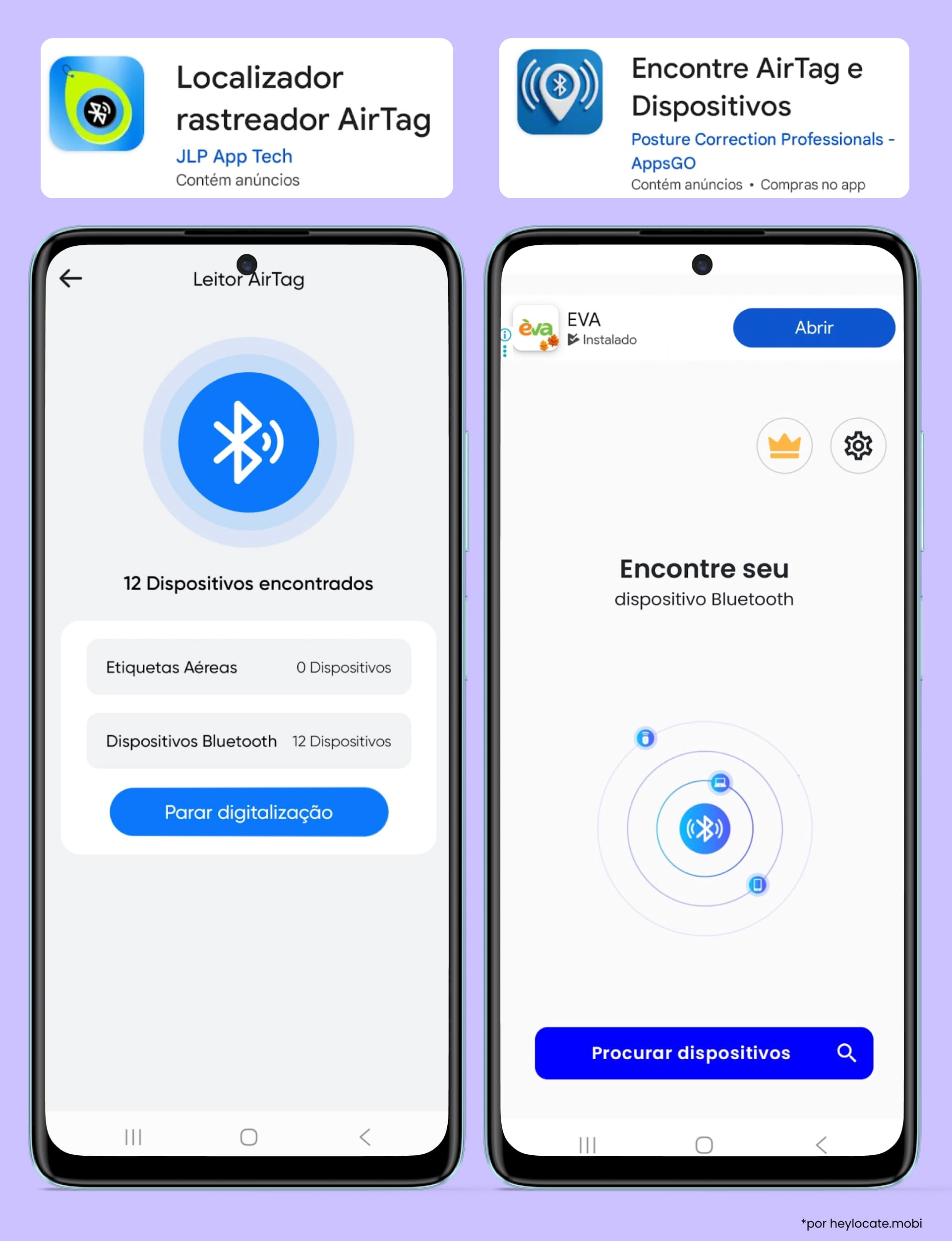 Os aplicativos exibem varreduras de dispositivos Bluetooth nas proximidades.