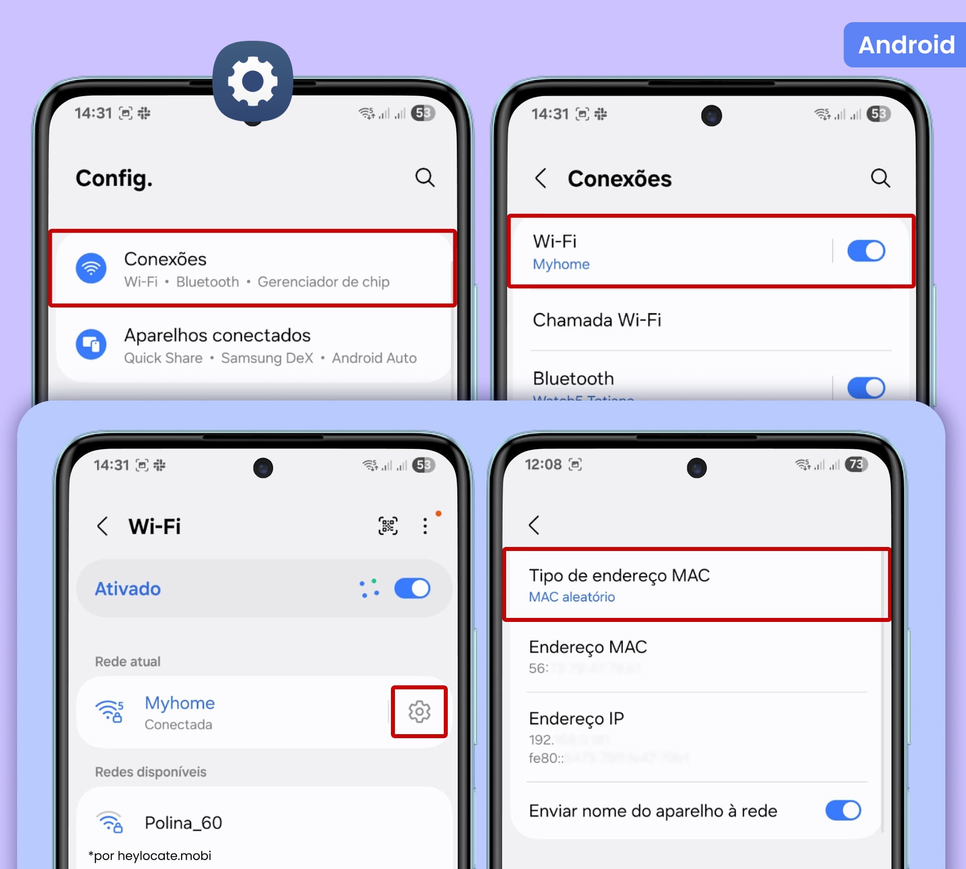 Selecionando o tipo de endereço MAC (Aleatório) no menu de configurações de Wi-Fi.