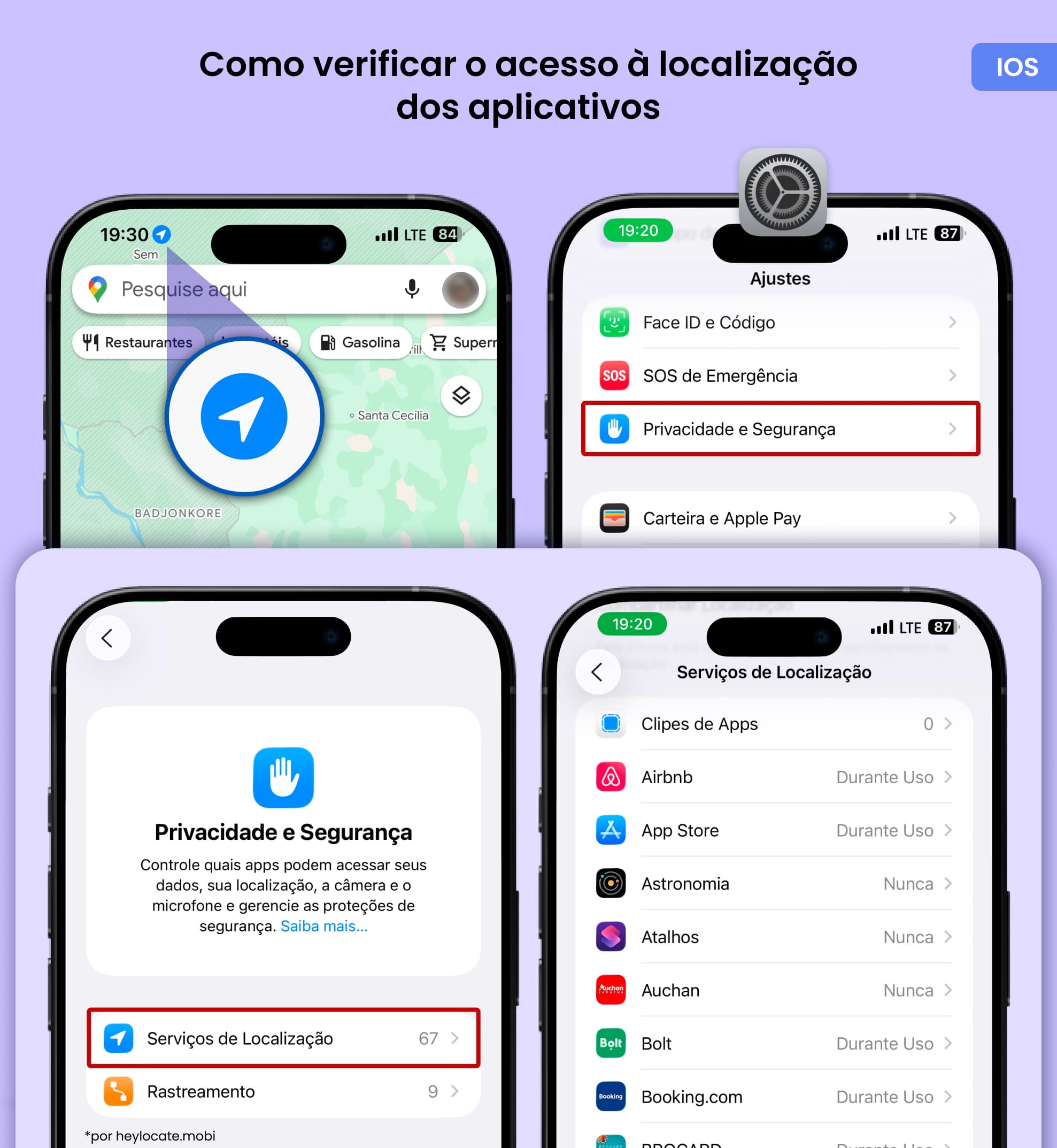 Exibindo o ícone de localização e as configurações de Serviços de Localização para apps (em Ajustes - Privacidade e Segurança).