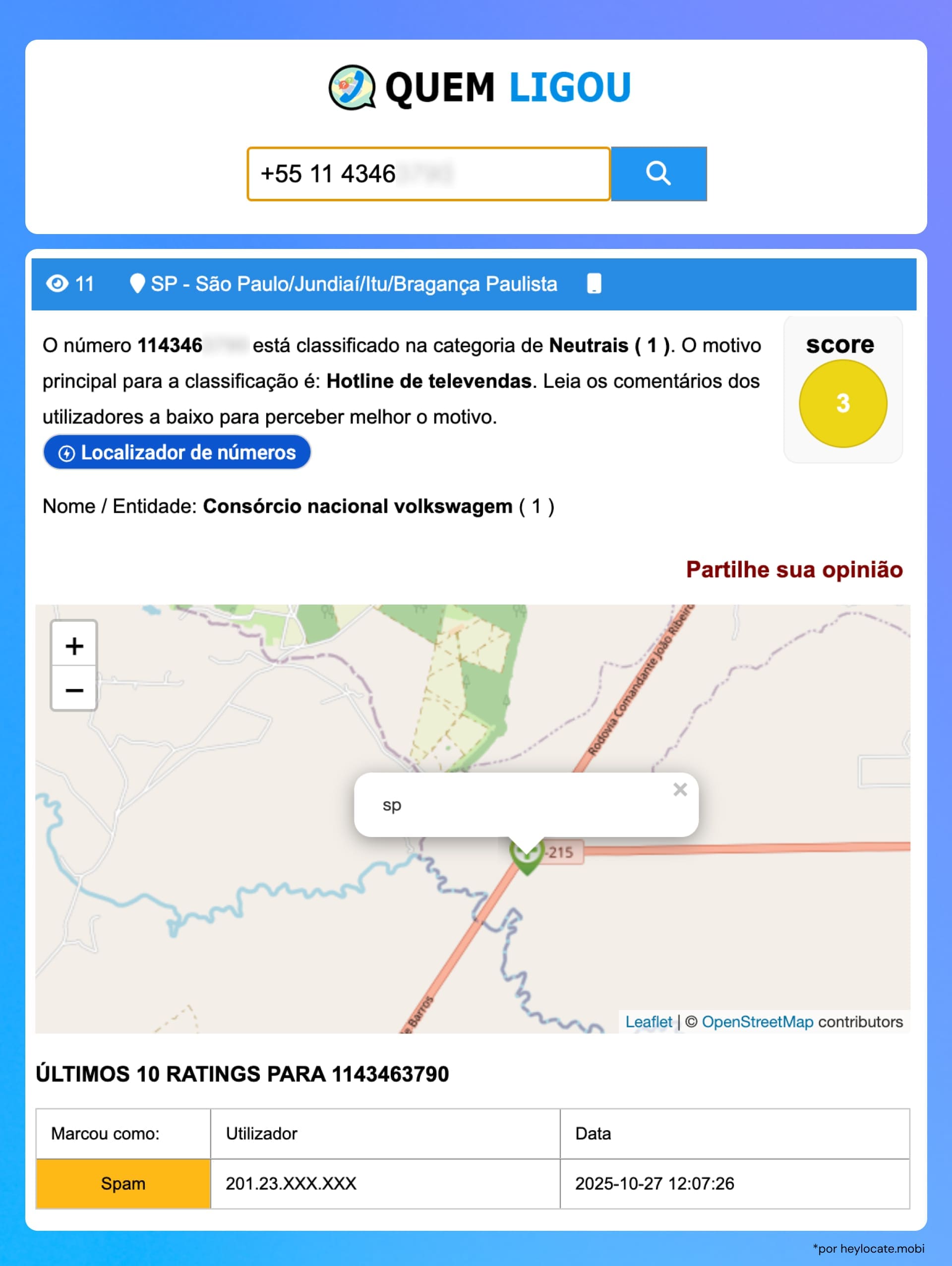 Página do Quem Ligou mostrando uma pesquisa reversa de número com localização, pontuação e comentários de usuários.