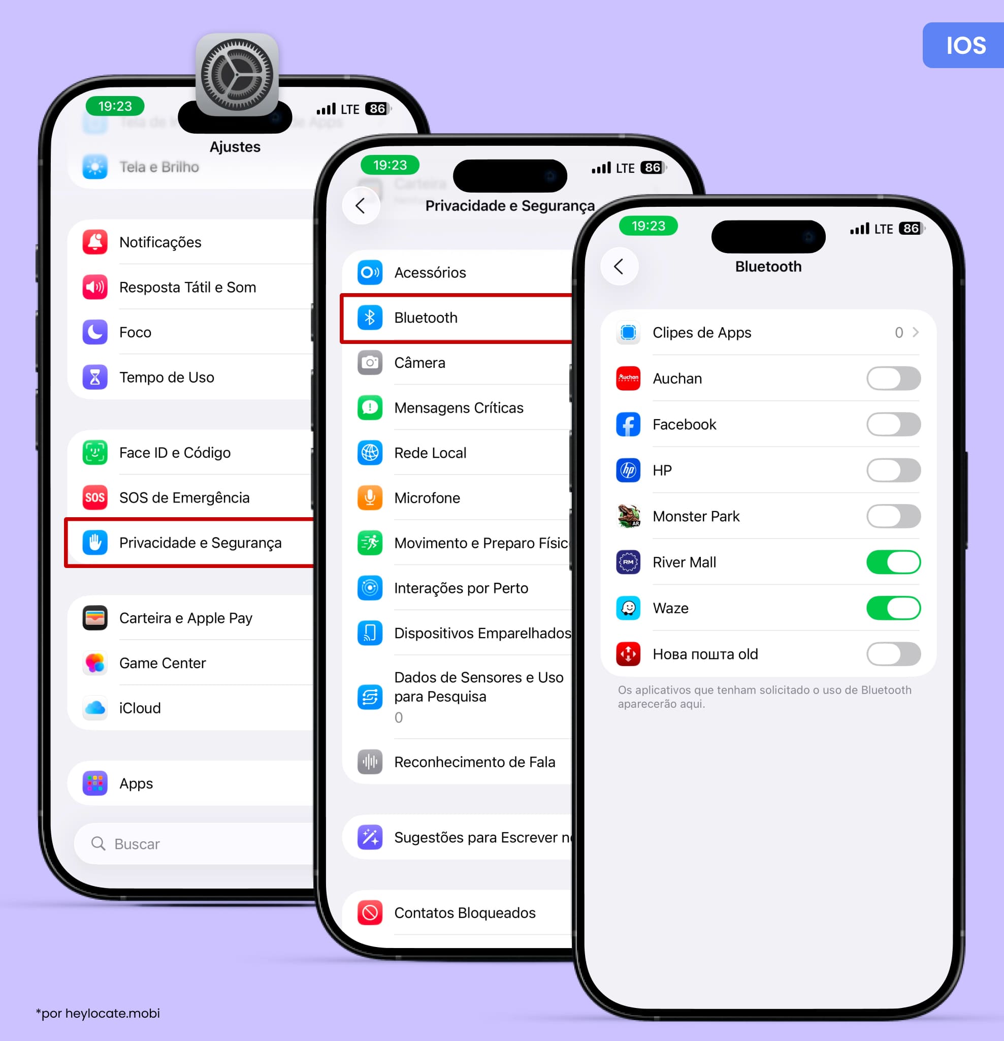 Abra Ajustes, vá em Privacidade e Segurança, selecione Bluetooth e desative para apps desnecessários.