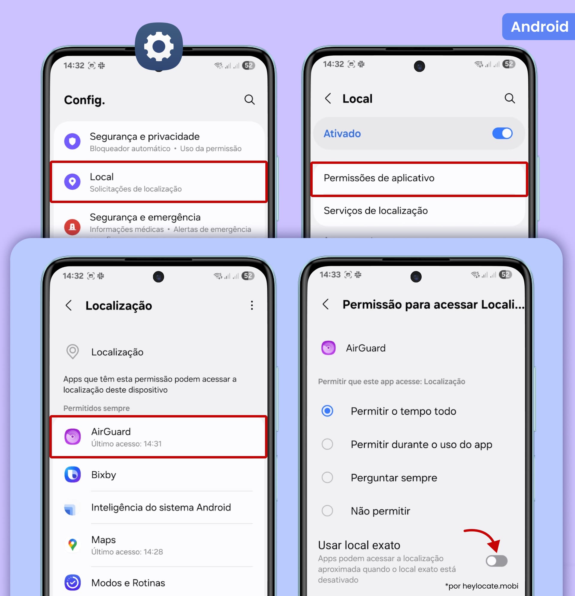 Nas Configurações, selecione Localização, vá em Permissões do app, selecione o app desejado e desative a opção Usar Localização Precisa.