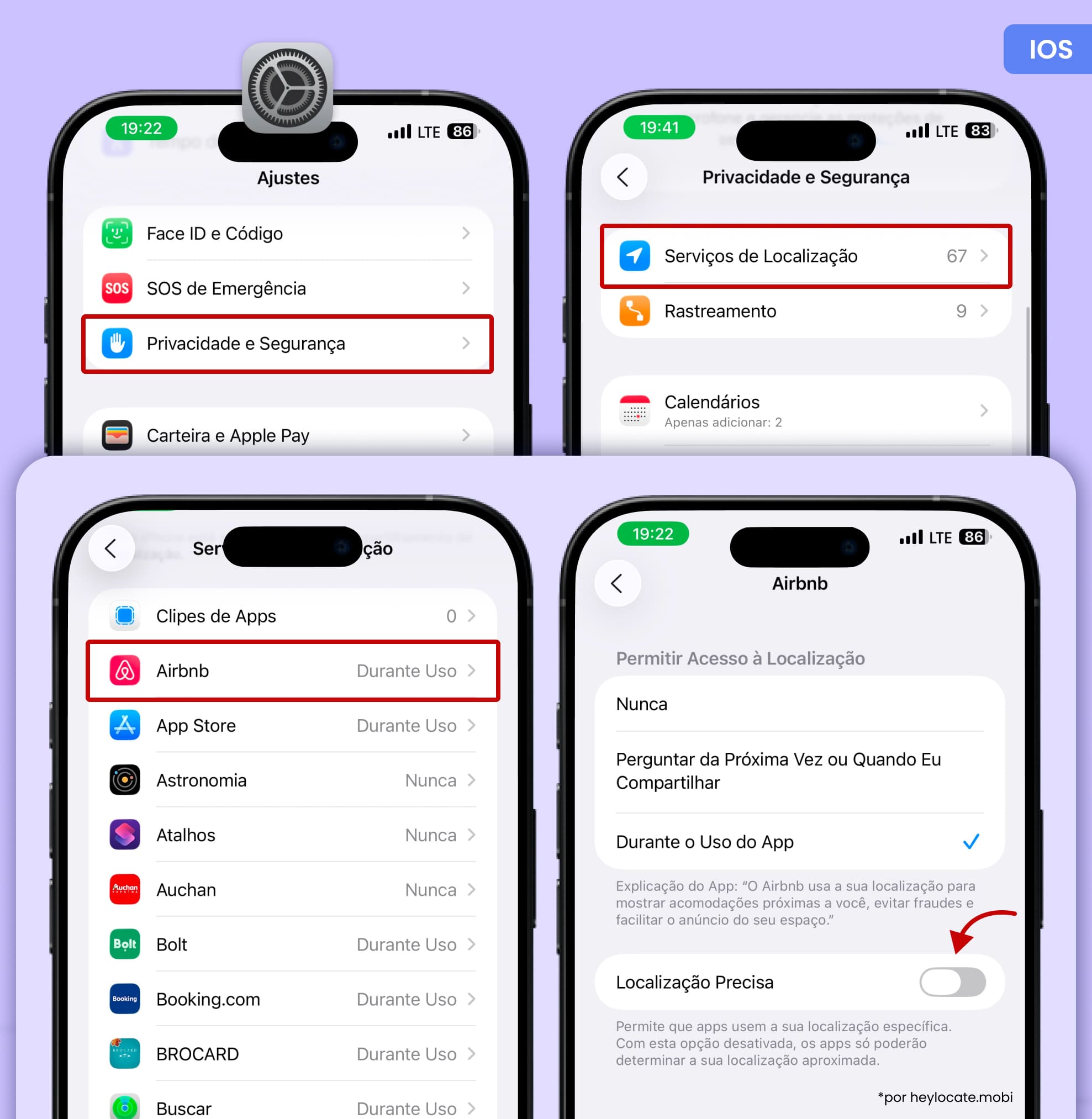 Abra Ajustes, vá em Privacidade e Segurança, depois Serviços de Localização, selecione o app desejado e desligue o botão de Localização Precisa.