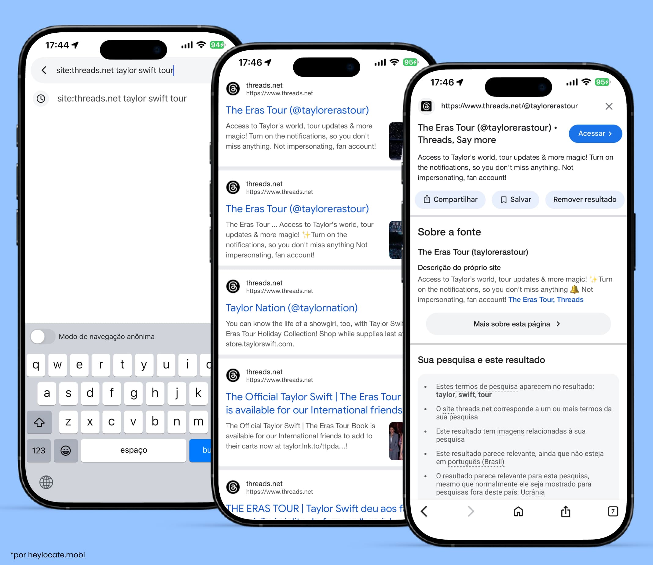 Na busca do Google, inserir site:threads.net e o nome da sua conta do Threads para visualizar os resultados.