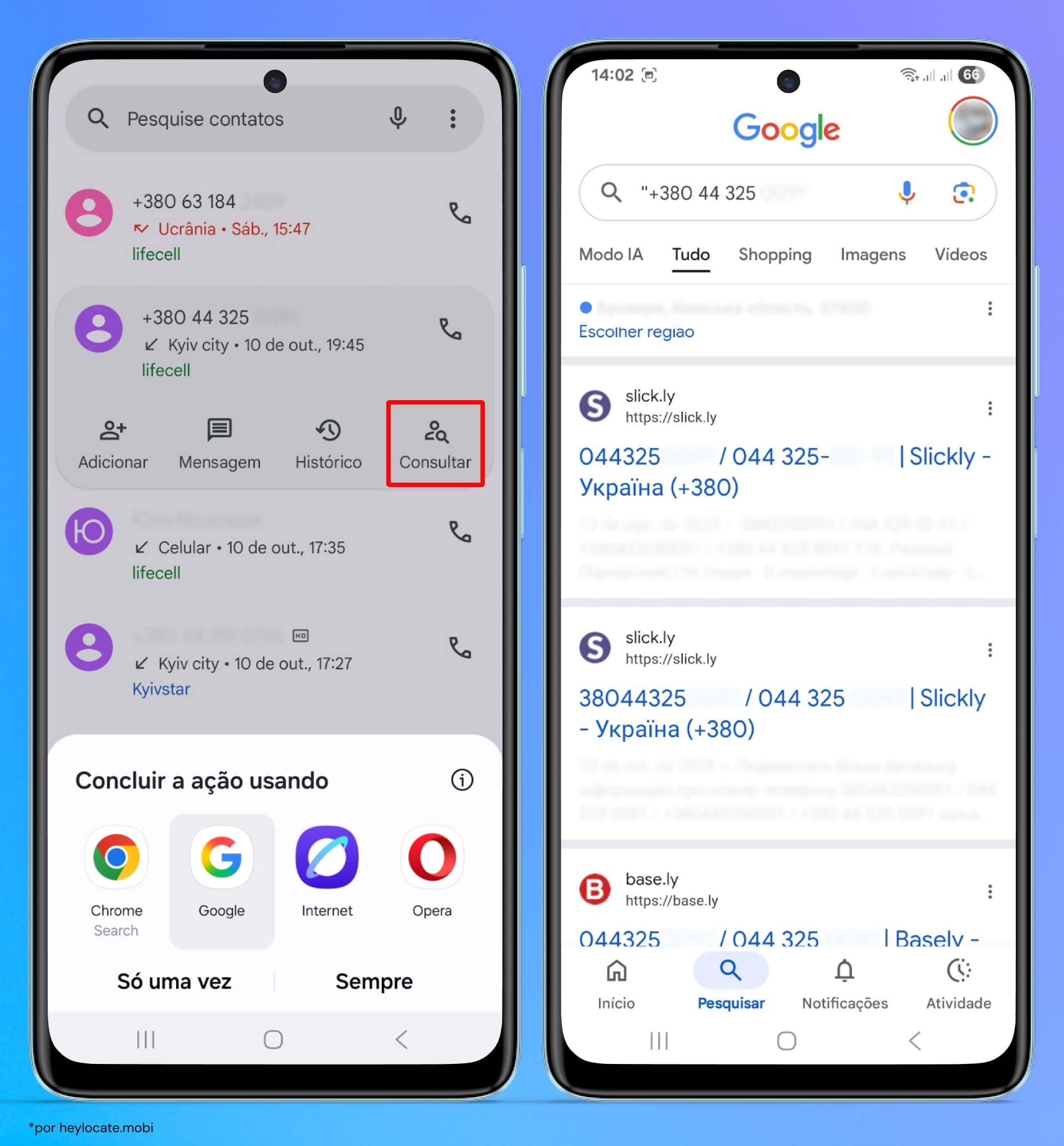 Abra o aplicativo Telefone no seu smartphone, toque em Recentes e escolha o número que deseja verificar. Depois toque em Pesquisar e obtenha informações sobre o número.