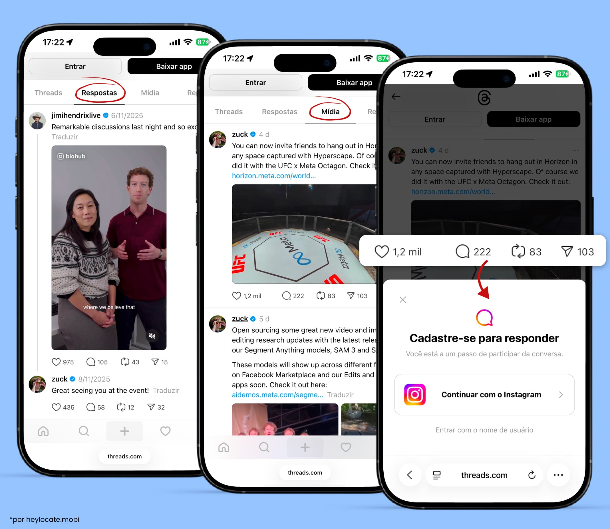 A opção para visualizar as abas “Respostas” e “Mídia” e uma janela adicional para fazer login no app caso seja necessário interagir com uma publicação.