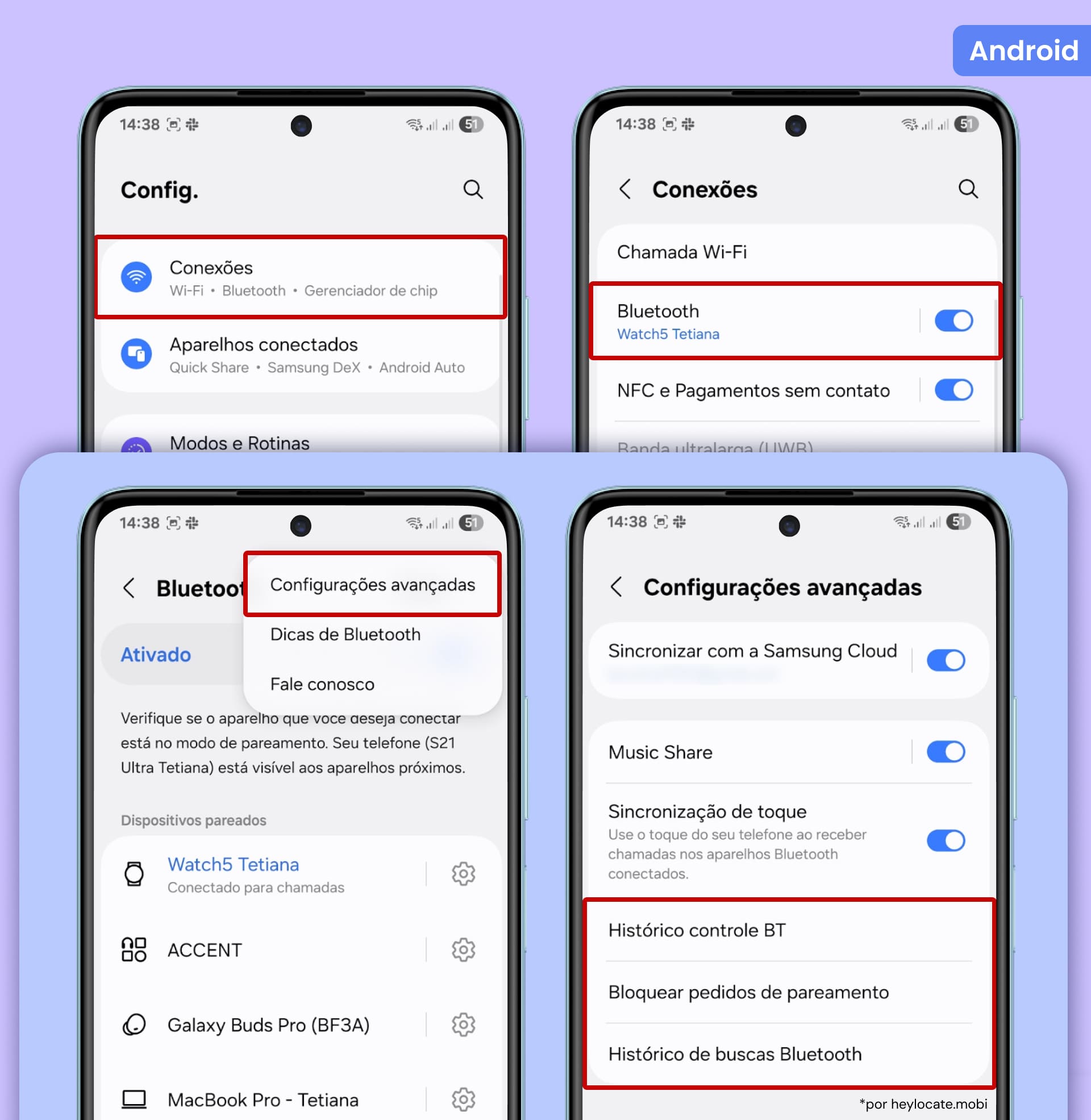 Abra Configurações - Conexões - Bluetooth, toque nos três pontos, selecione Configurações avançadas e abra o histórico de controle do Bluetooth.