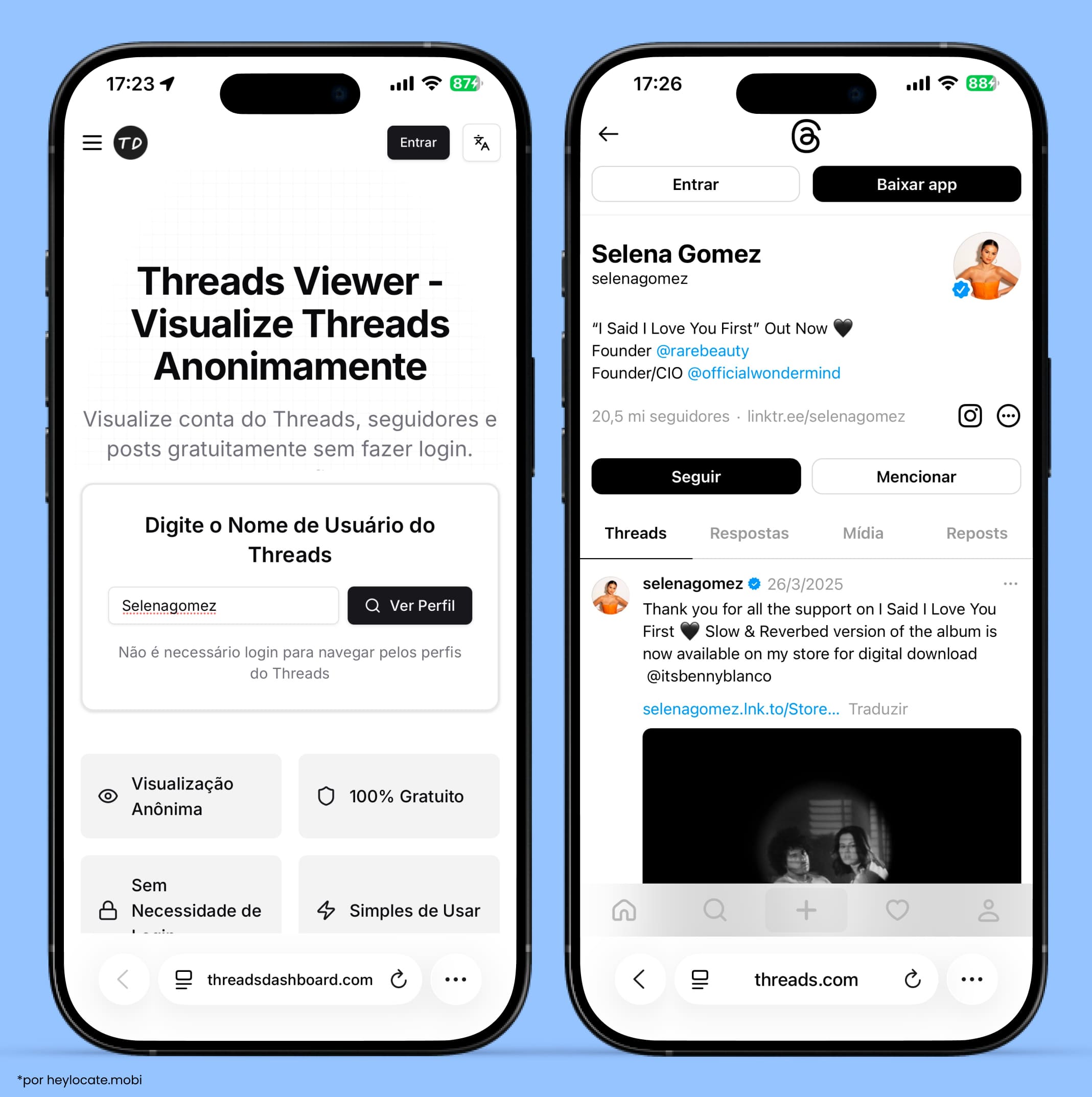 Interface do visualizador de Threads onde você digita um nome de usuário para navegar por perfis sem fazer login — e mostra o perfil do Threads no app Threads.