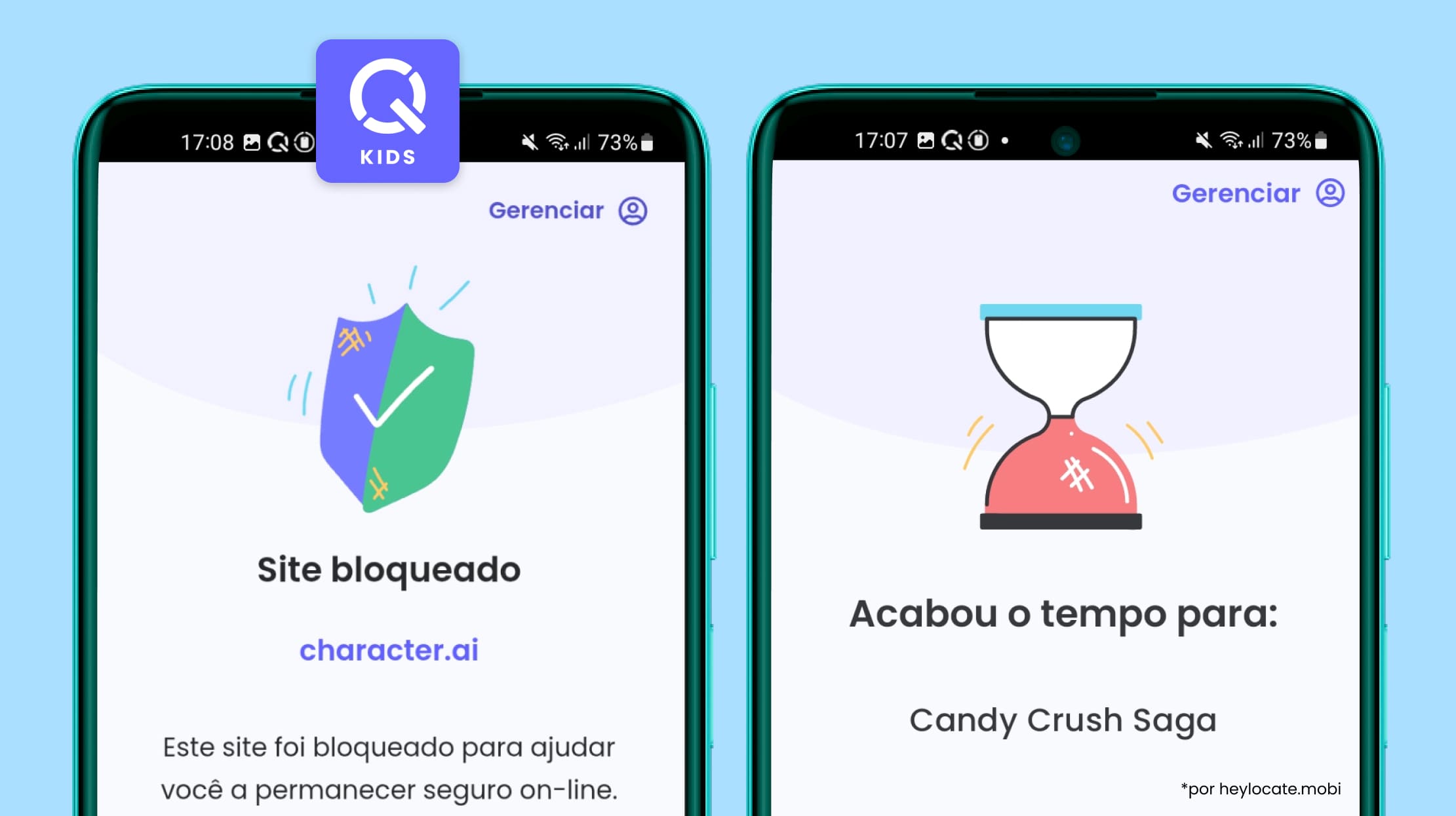 Tela de bloqueio de aplicativos e notificação de tempo de uso no Qustodio Kids.