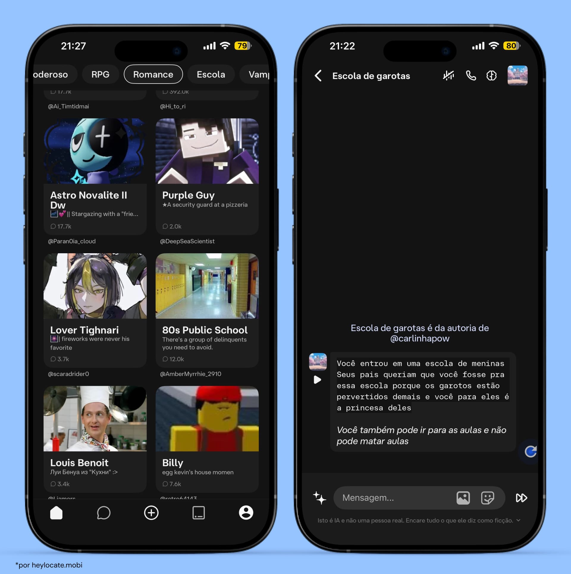 Character AI com uma seleção de personagens românticos e um chat de interpretação de papéis aberto.